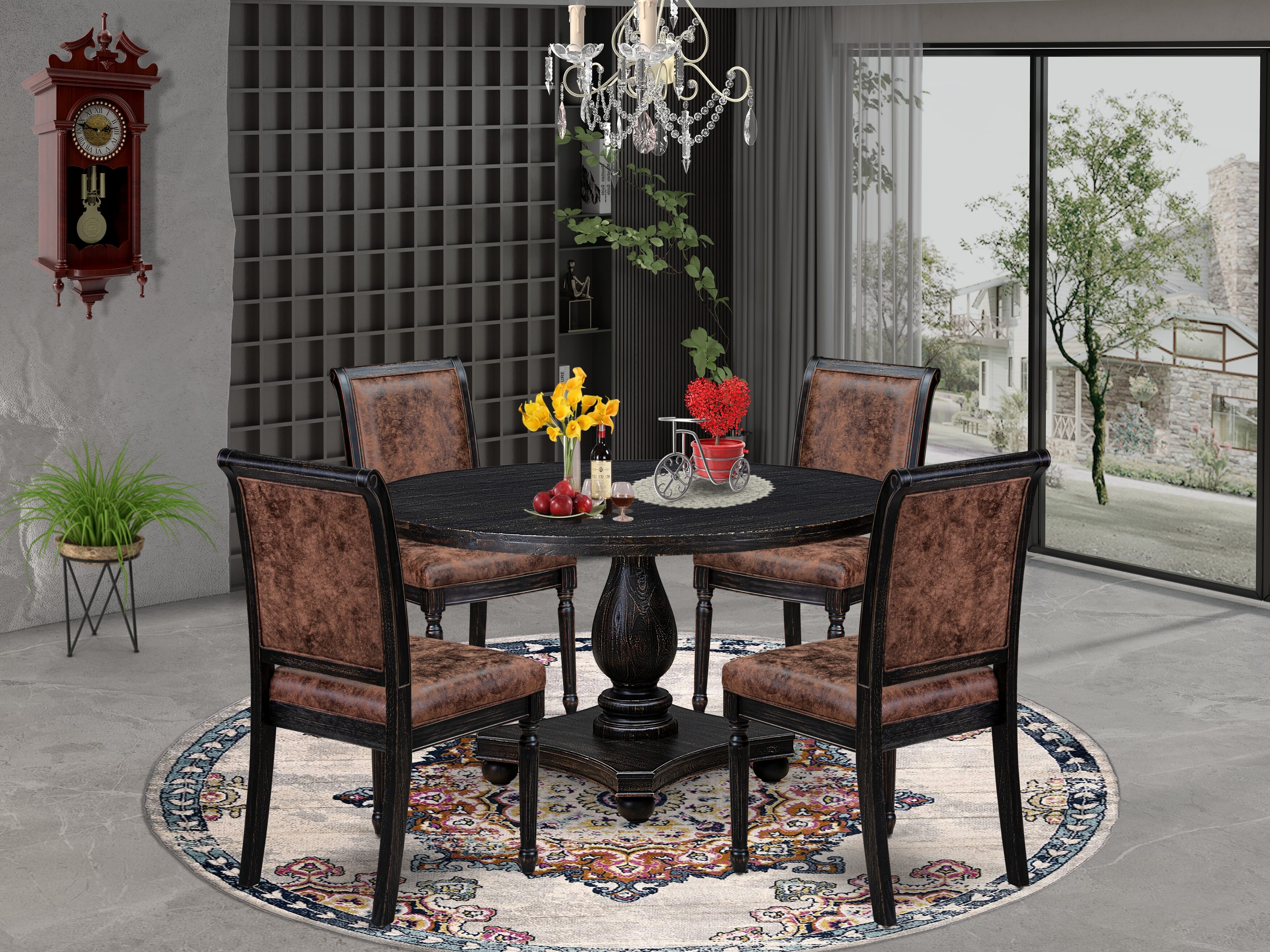 Luxe by East West Furniture - I2CY5-511-33 5-Piece Dinner Table Set Consists of a Round Wooden Table and 4 Brown Textured Polyester Chairs with High Back, Sand Blasting Black Finish.