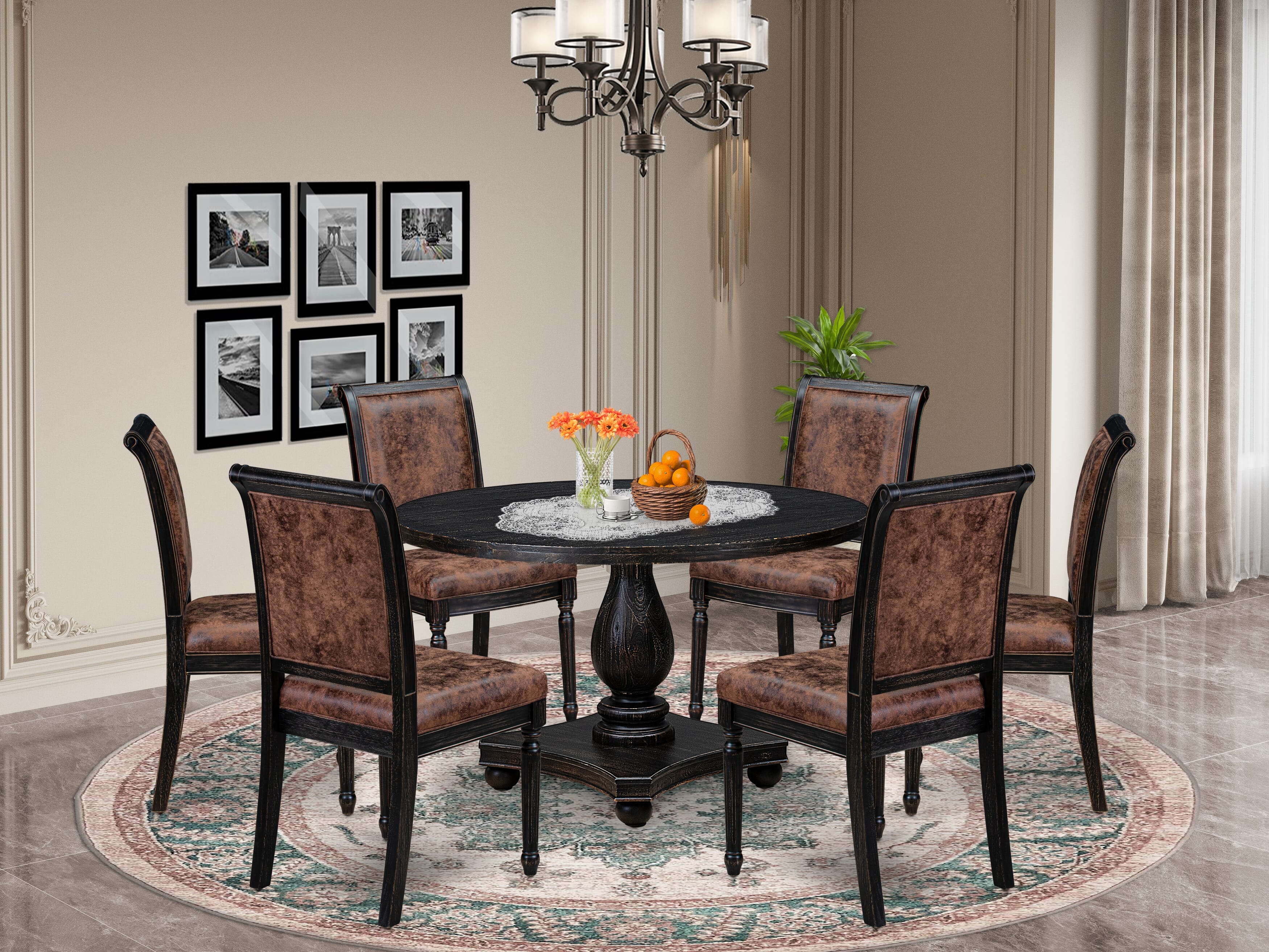 Luxe by East West Furniture - I2CY7-411-33 7-Piece Dinette Set Contains a Round Mid Century Dining Table and 6 Brown Textured Polyester Chairs with High Back, Sand Blasting Black Finish.