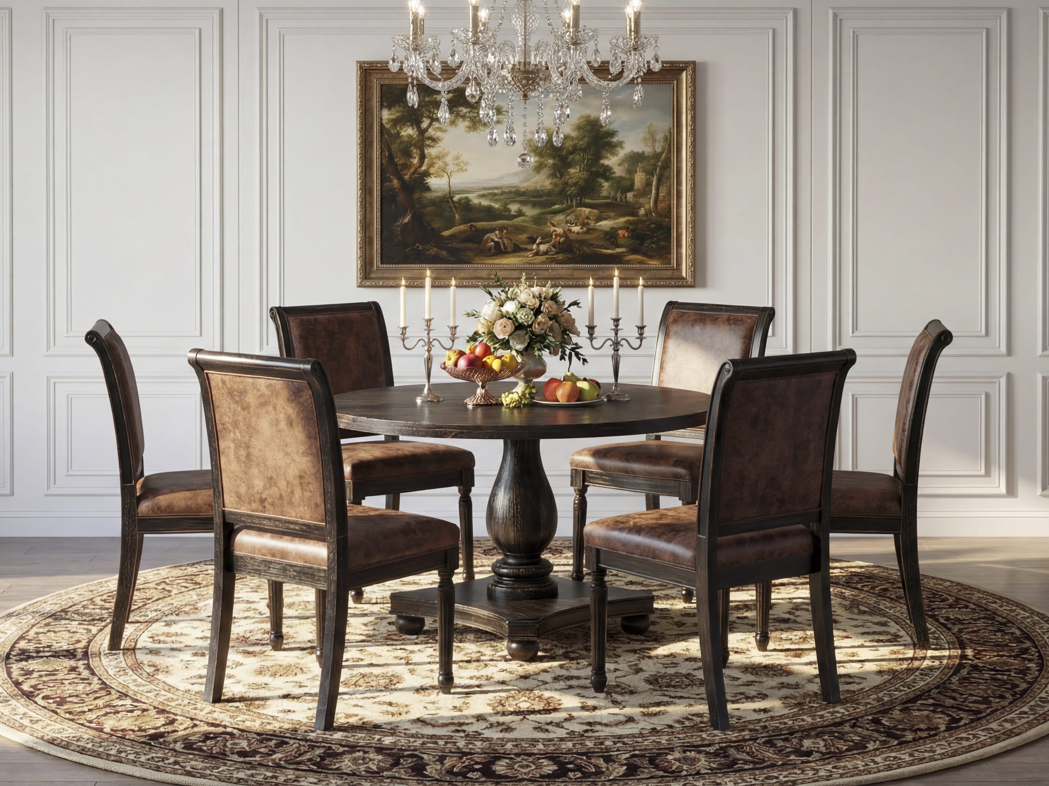 Luxe by East West Furniture - I2CY7-411-33 7-Piece Dinette Set Contains a Round Mid Century Dining Table and 6 Brown Textured Polyester Chairs with High Back, Sand Blasting Black Finish.