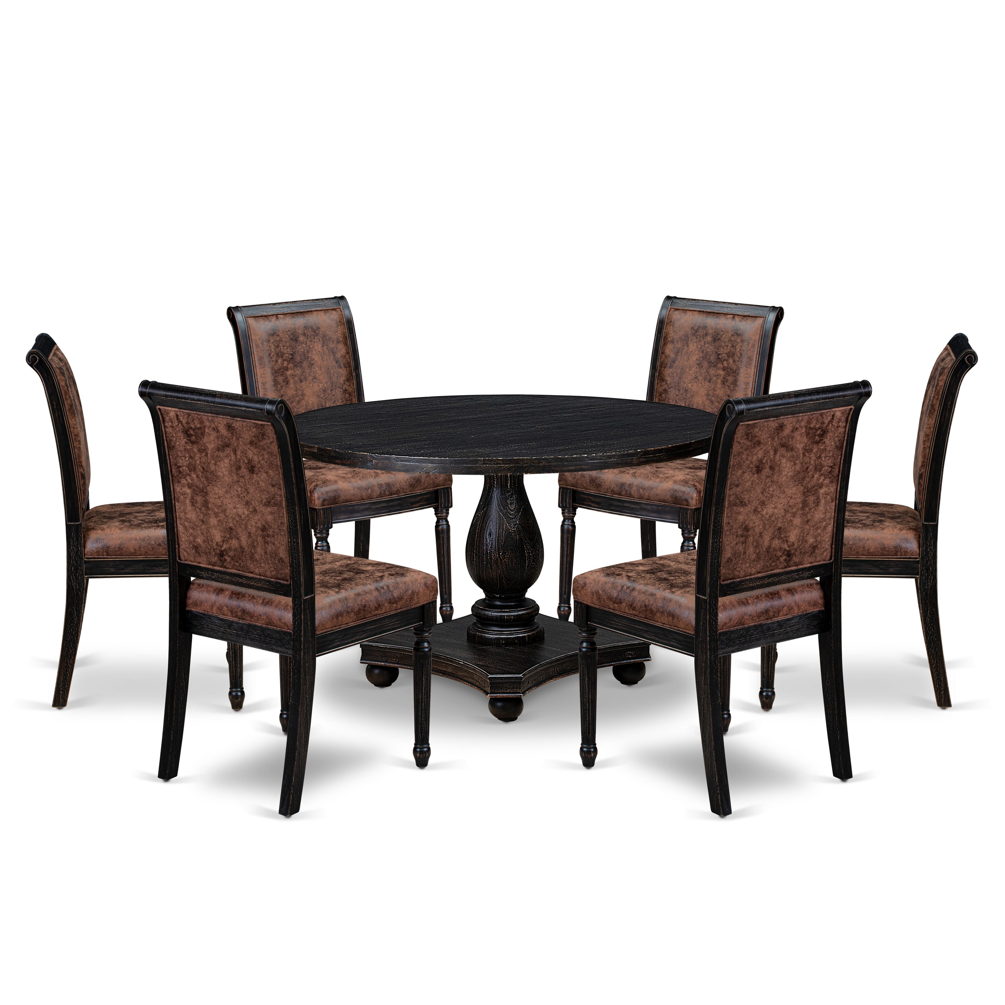 Luxe by East West Furniture - I2CY7-411-33 7-Piece Dinette Set Contains a Round Mid Century Dining Table and 6 Brown Textured Polyester Chairs with High Back, Sand Blasting Black Finish.