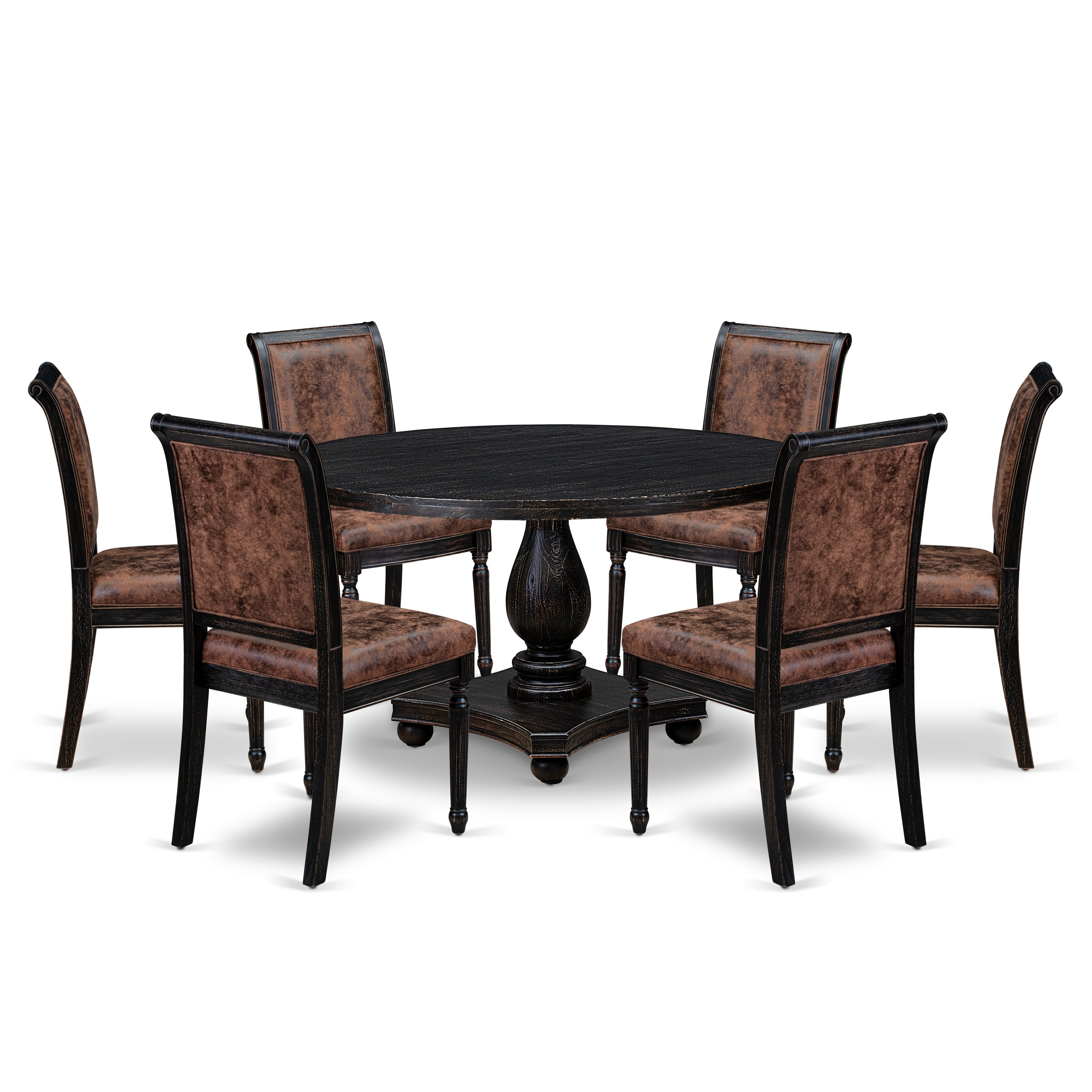 Luxe by East West Furniture - I2CY7-511-33 7-Piece Dining Room Table Set Includes a Round Wooden Dining Table and 6 Brown Textured Polyester Chairs with High Back, Sand Blasting Black Finish.