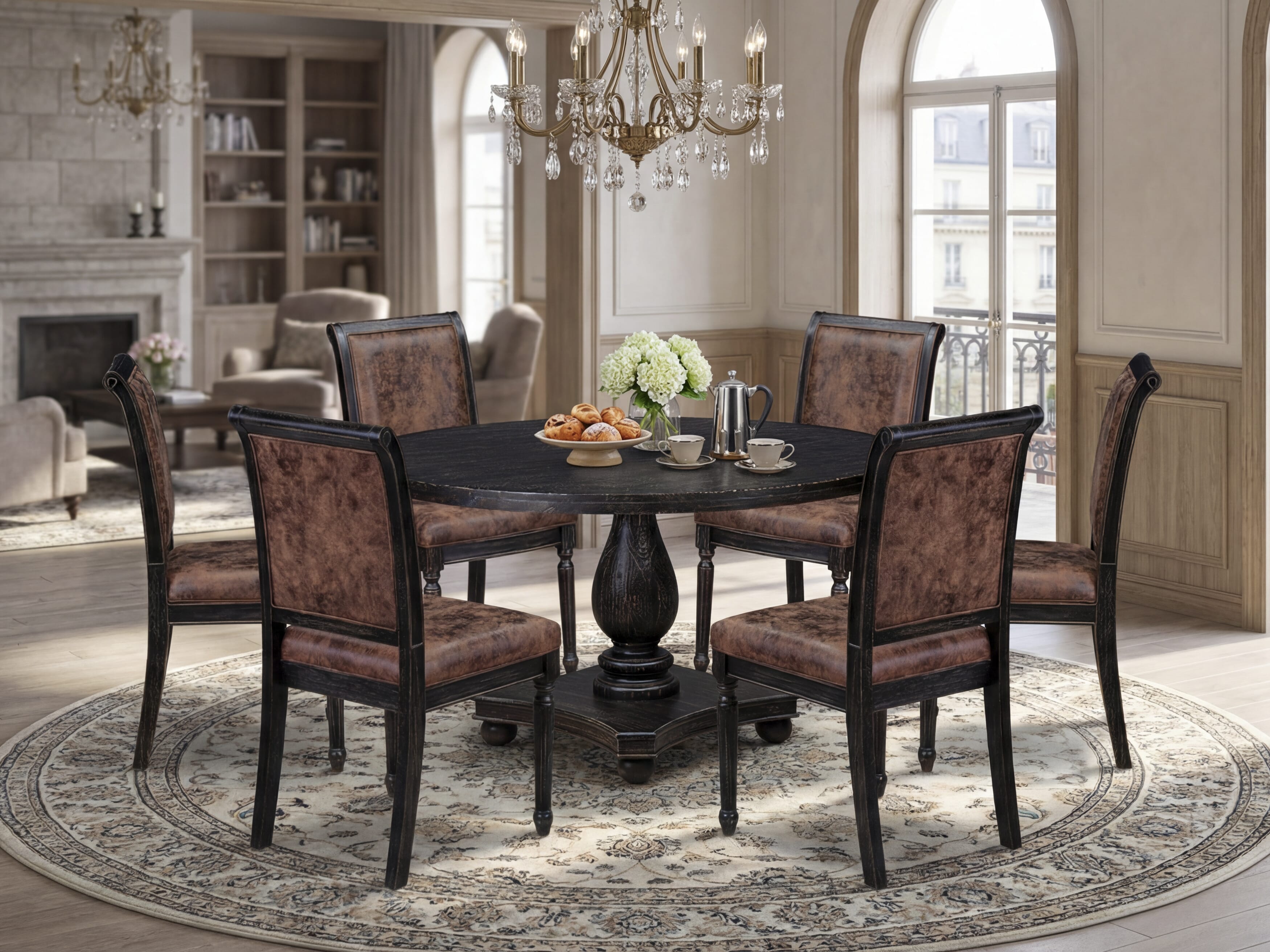 Luxe by East West Furniture - I2CY7-511-33 7-Piece Dining Room Table Set Includes a Round Wooden Dining Table and 6 Brown Textured Polyester Chairs with High Back, Sand Blasting Black Finish.