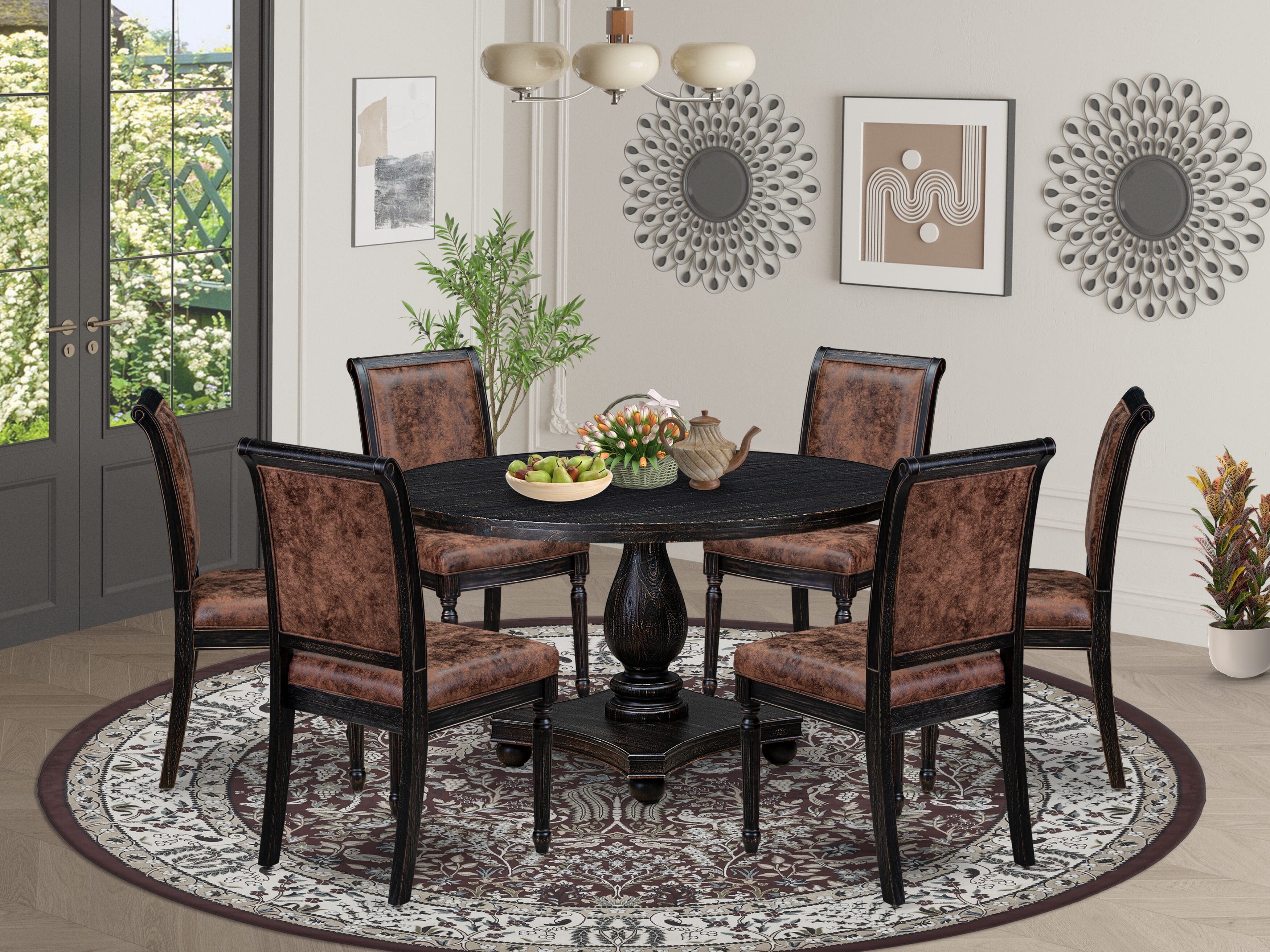 Luxe by East West Furniture - I2CY7-511-33 7-Piece Dining Room Table Set Includes a Round Wooden Dining Table and 6 Brown Textured Polyester Chairs with High Back, Sand Blasting Black Finish.