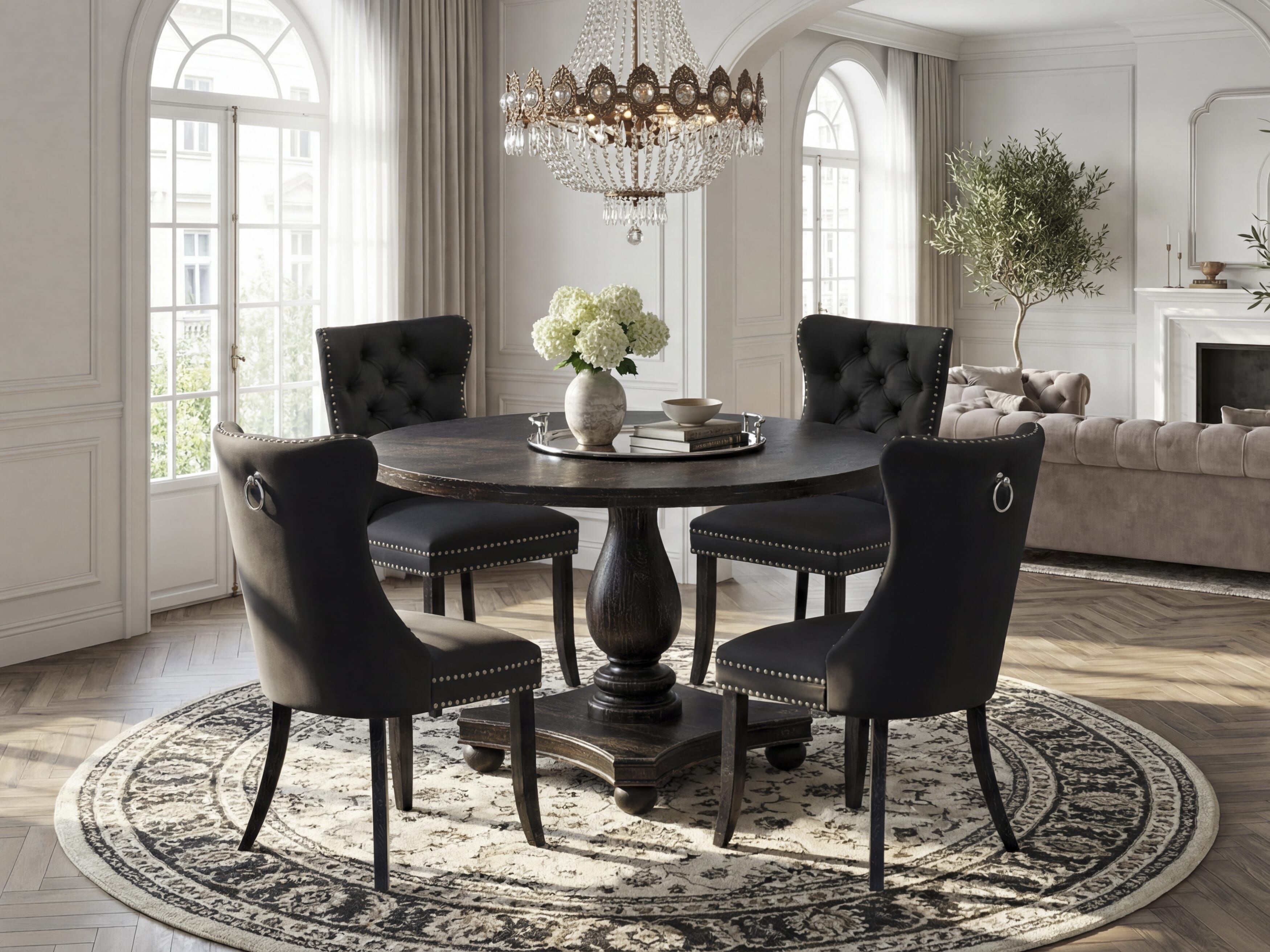 Luxe by East West Furniture I2DA5-411-12 5-Piece Dining Set with Faux Leather 4 Dark Gray upholstered dining chairs, Button-Tufted Backs, and a 48"Round breakfast Table in Sand Blasted Black Finish.