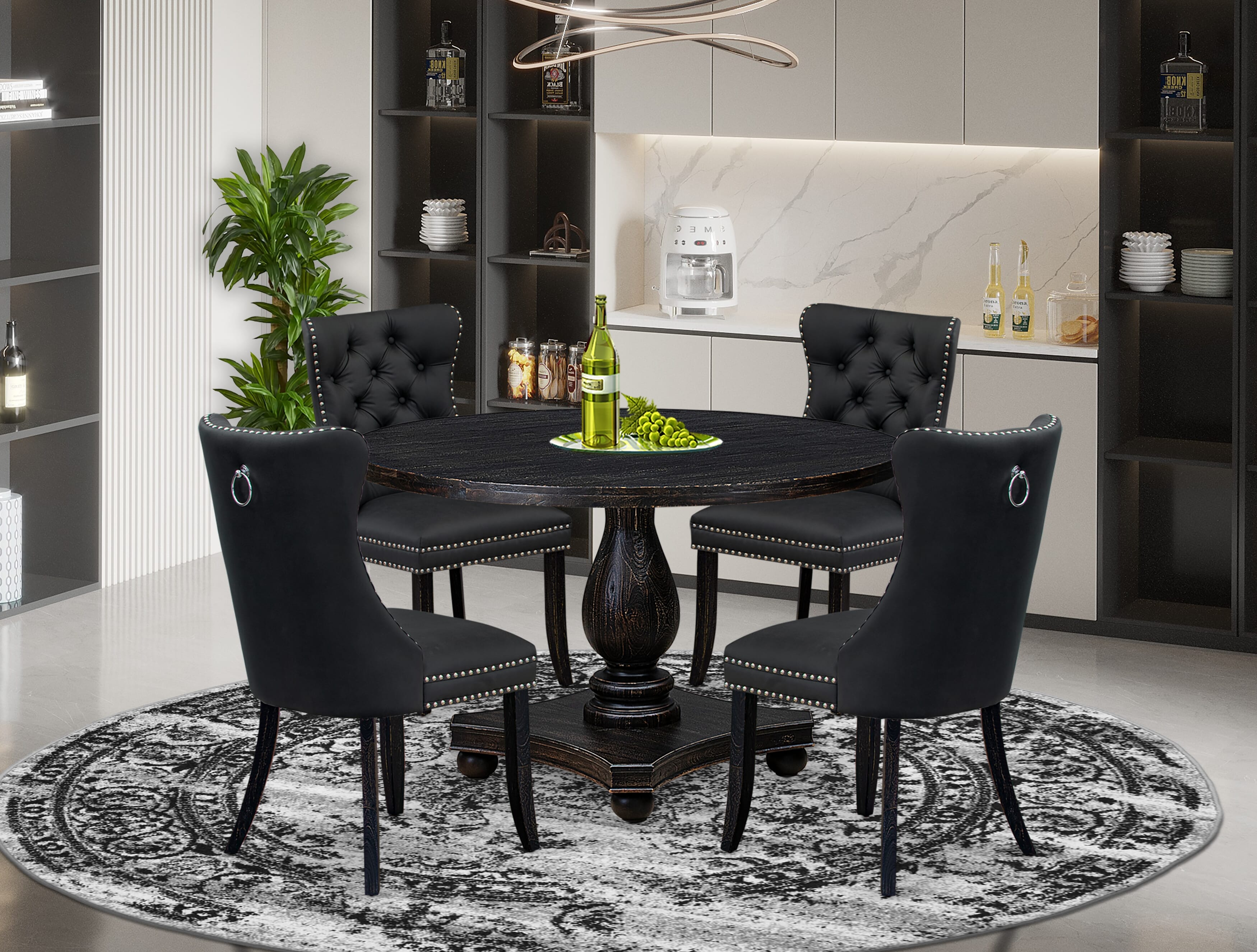 Luxe by East West Furniture I2DA5-411-12 5-Piece Dining Set with Faux Leather 4 Dark Gray upholstered dining chairs, Button-Tufted Backs, and a 48"Round breakfast Table in Sand Blasted Black Finish.