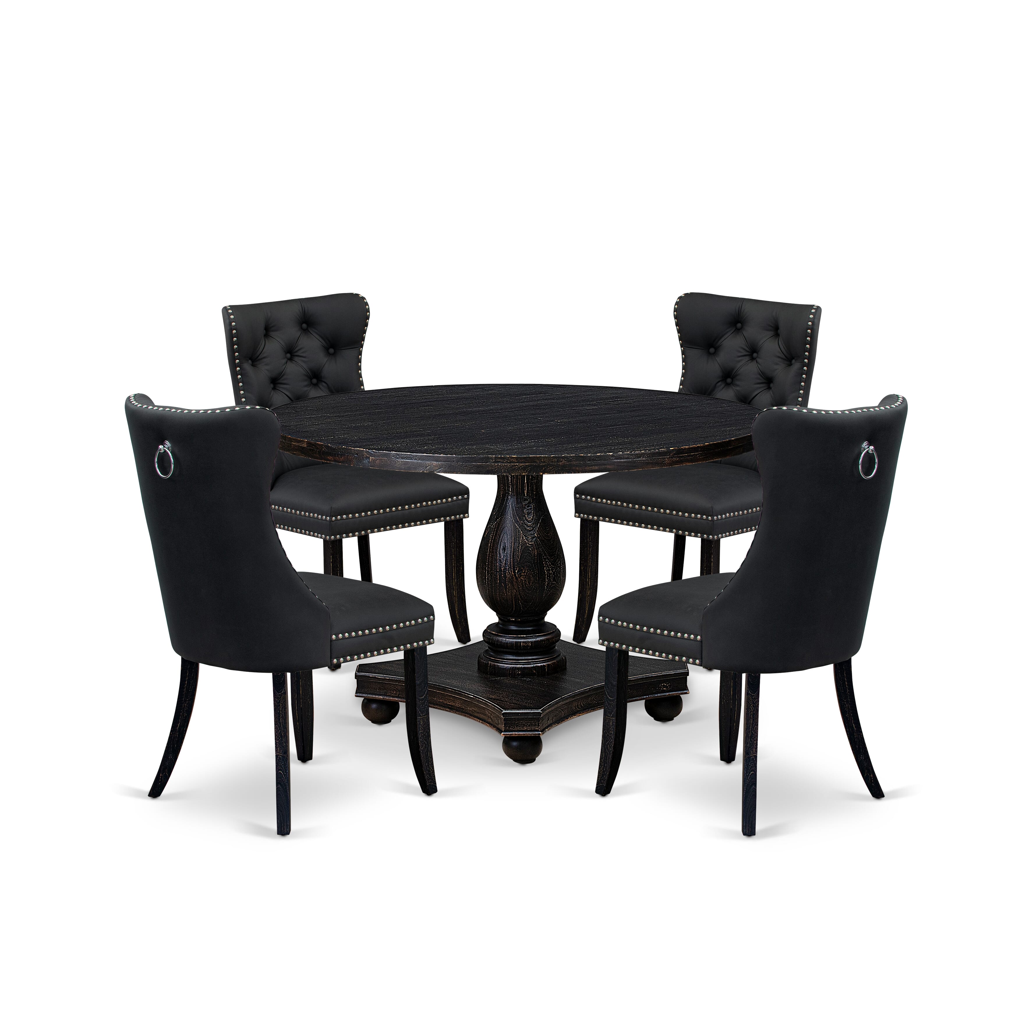 Luxe by East West Furniture I2DA5-411-12 5-Piece Dining Set with Faux Leather 4 Dark Gray upholstered dining chairs, Button-Tufted Backs, and a 48"Round breakfast Table in Sand Blasted Black Finish.
