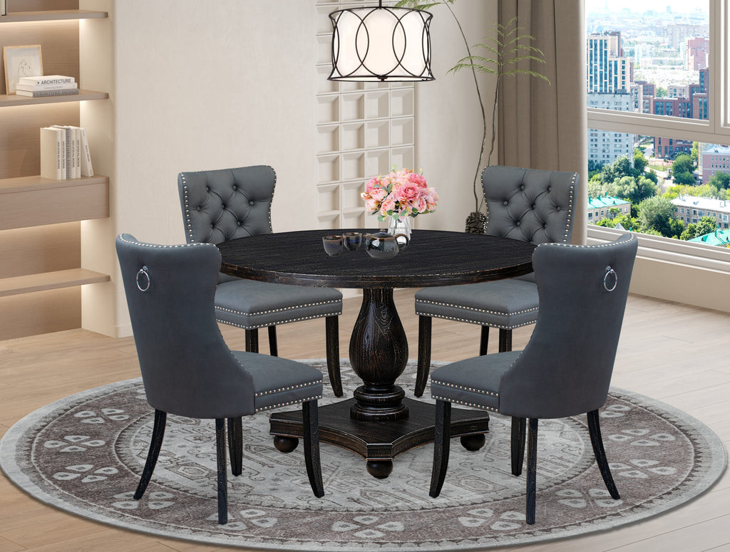 Luxe by East West Furniture I2DA5-411-13 5-piece Dining Room Set with Faux Leather 4 Platinum Gray kitchen chairs, Button-Tufted Backs, and a 48"Round Breakfast Table in Sand Blasted Black Finish.