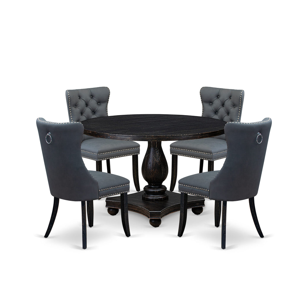 Luxe by East West Furniture I2DA5-411-13 5-piece Dining Room Set with Faux Leather 4 Platinum Gray kitchen chairs, Button-Tufted Backs, and a 48"Round Breakfast Table in Sand Blasted Black Finish.