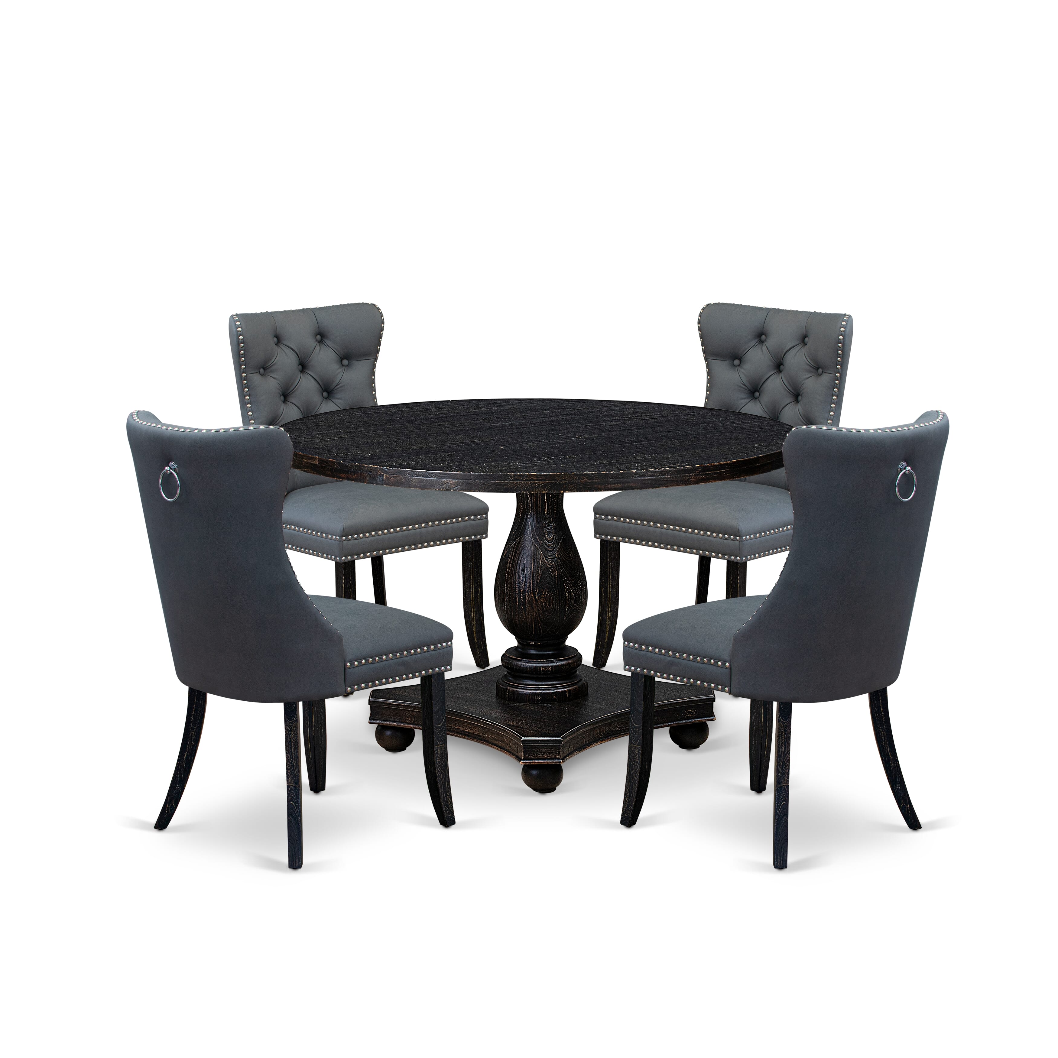 Luxe by East West Furniture I2DA5-411-13 5-piece Dining Room Set with Faux Leather 4 Platinum Gray kitchen chairs, Button-Tufted Backs, and a 48"Round Breakfast Table in Sand Blasted Black Finish.