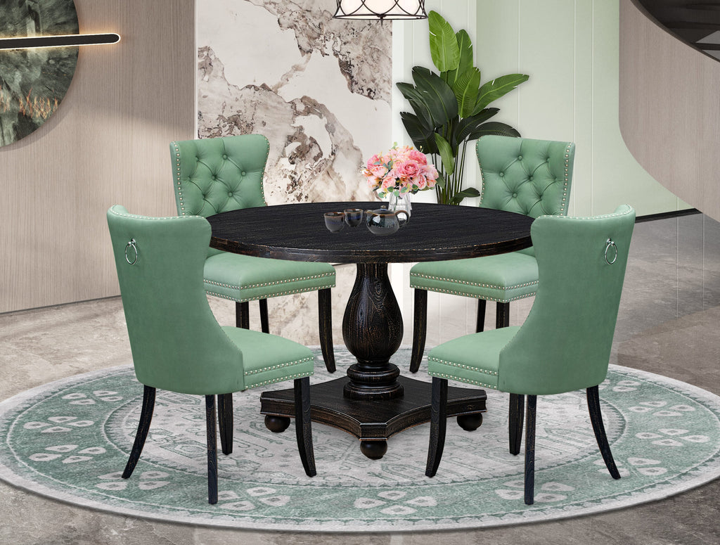 Luxe by East West Furniture I2DA5-411-22 5 Piece Dining Set Includes a 48" Round Table with Pedestal and 4 Willow Green Faux Leather Upholstered Chairs, Sand Blasted Black