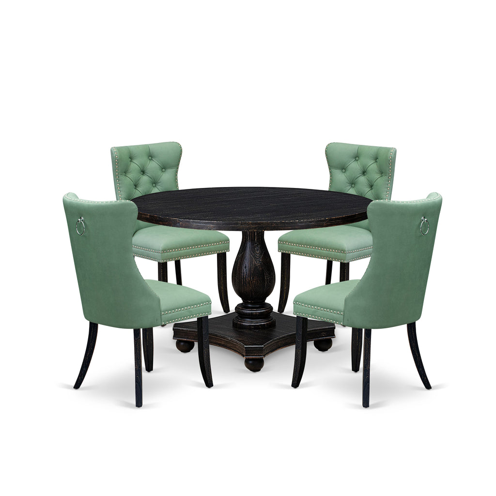 Luxe by East West Furniture I2DA5-411-22 5 Piece Dining Set Includes a 48" Round Table with Pedestal and 4 Willow Green Faux Leather Upholstered Chairs, Sand Blasted Black