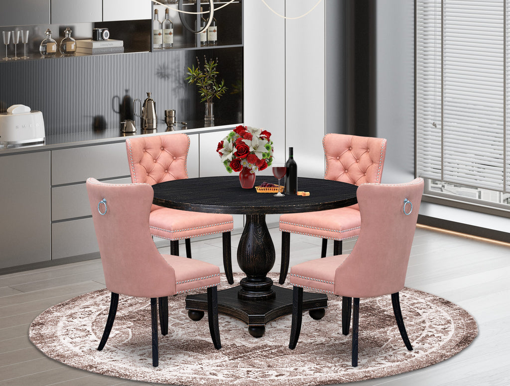 Luxe by East West Furniture I2DA5-411-23 5 Piece Dining Set for 4 Includes a 48" Round Table with Pedestal and 4 Beige Red Faux Leather Upholstered Chairs, Sand Blasted Black