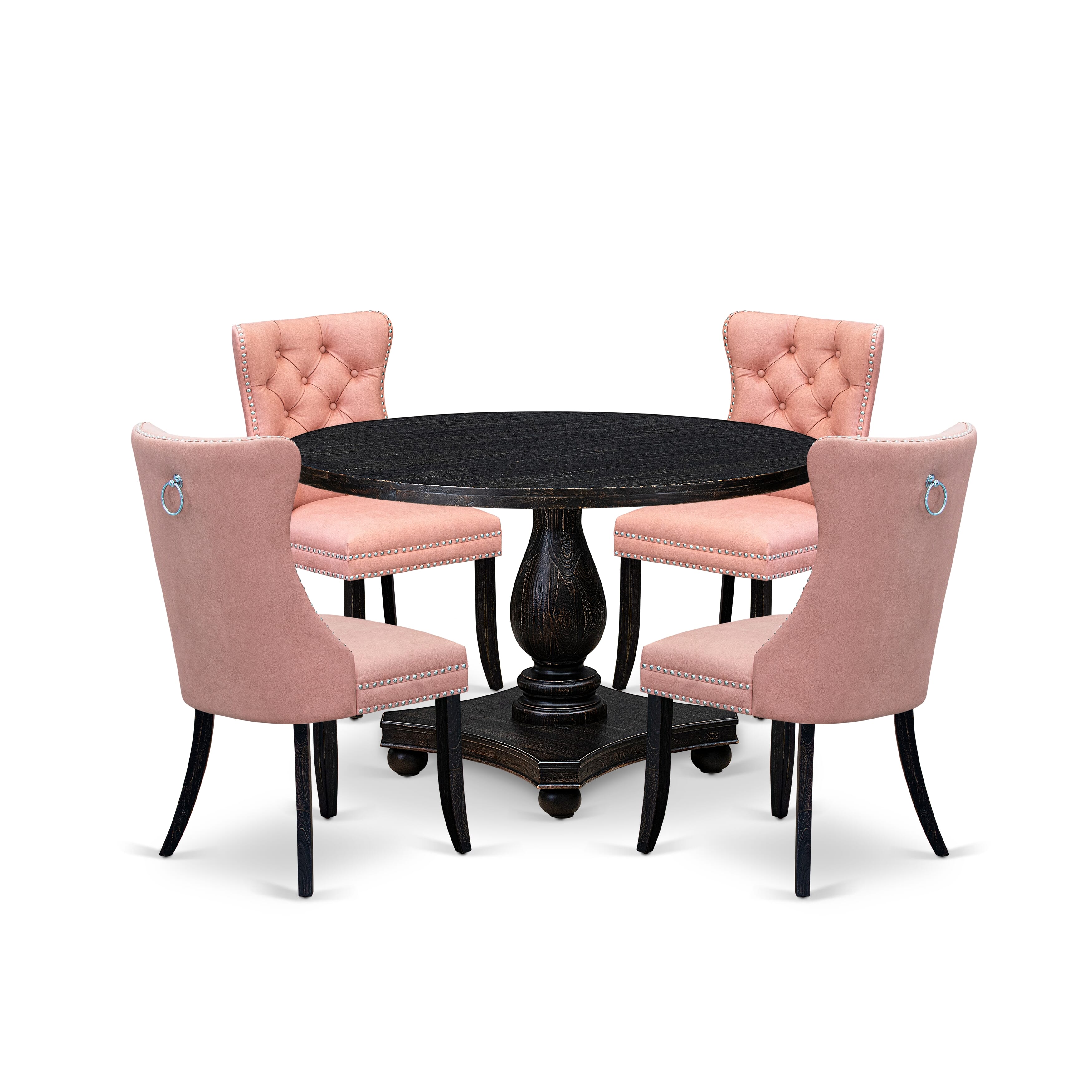 Luxe by East West Furniture I2DA5-411-23 5 Piece Dining Set for 4 Includes a 48" Round Table with Pedestal and 4 Beige Red Faux Leather Upholstered Chairs, Sand Blasted Black