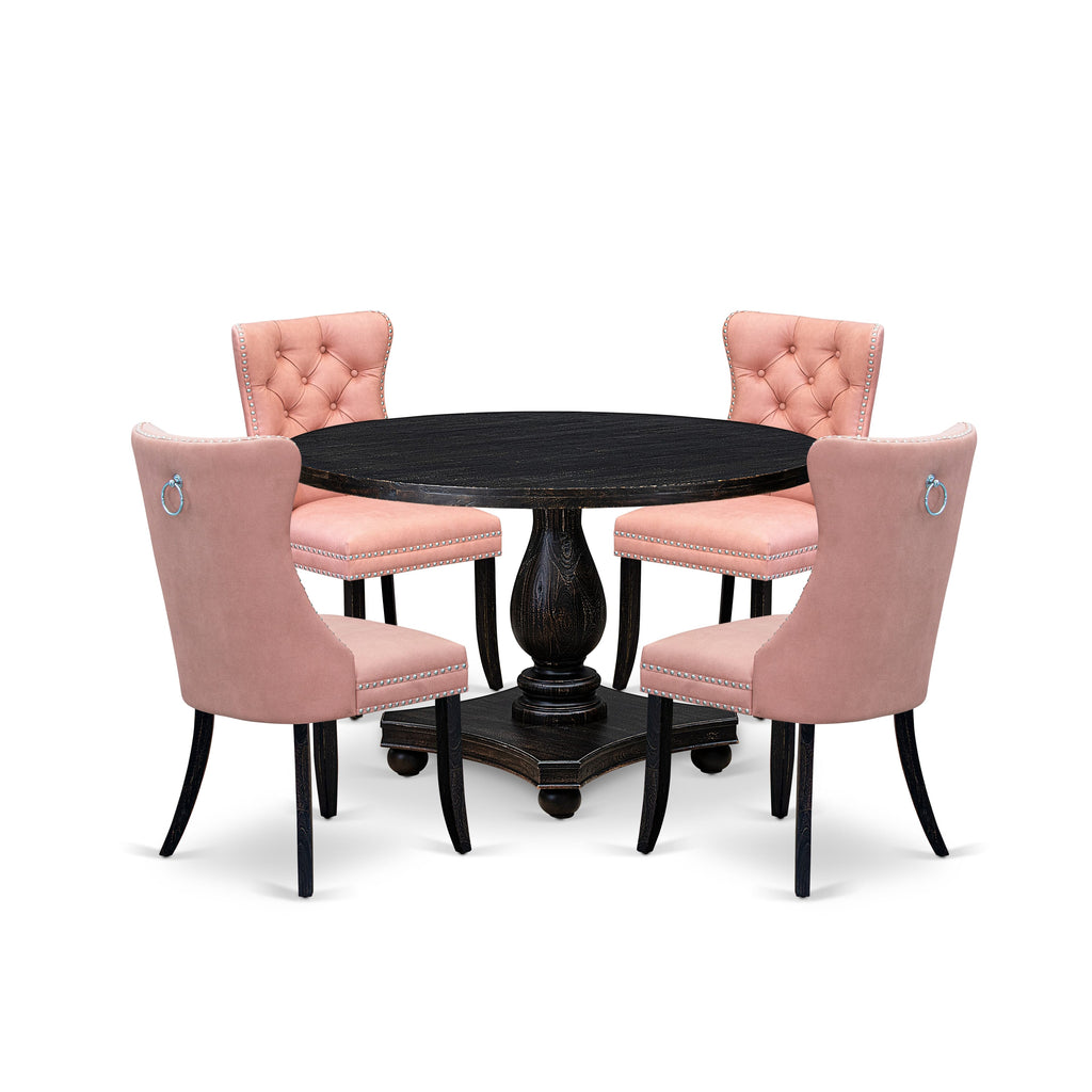 Luxe by East West Furniture I2DA5-411-23 5 Piece Dining Set for 4 Includes a 48" Round Table with Pedestal and 4 Beige Red Faux Leather Upholstered Chairs, Sand Blasted Black