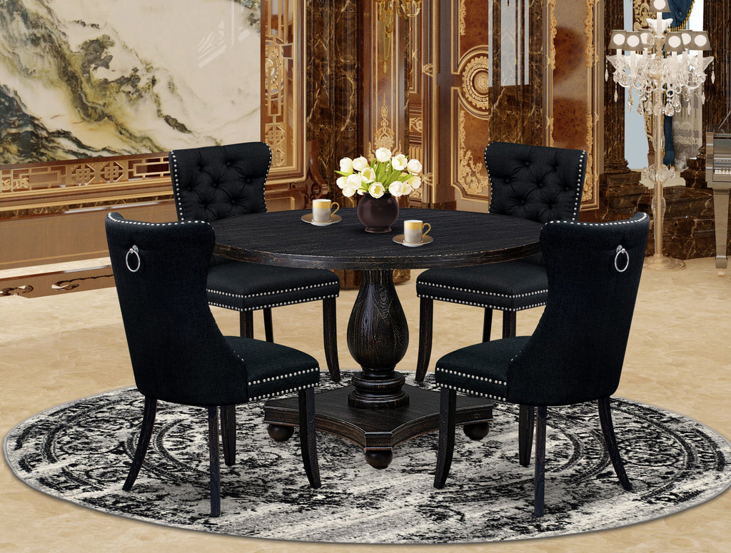 Luxe by East West Furniture I2DA5-411-24 5 Piece Dining Room Set for 4 Contains a 48" Round Table with Pedestal and 4 Black Linen Fabric Parson Chairs, Sand Blasted Black