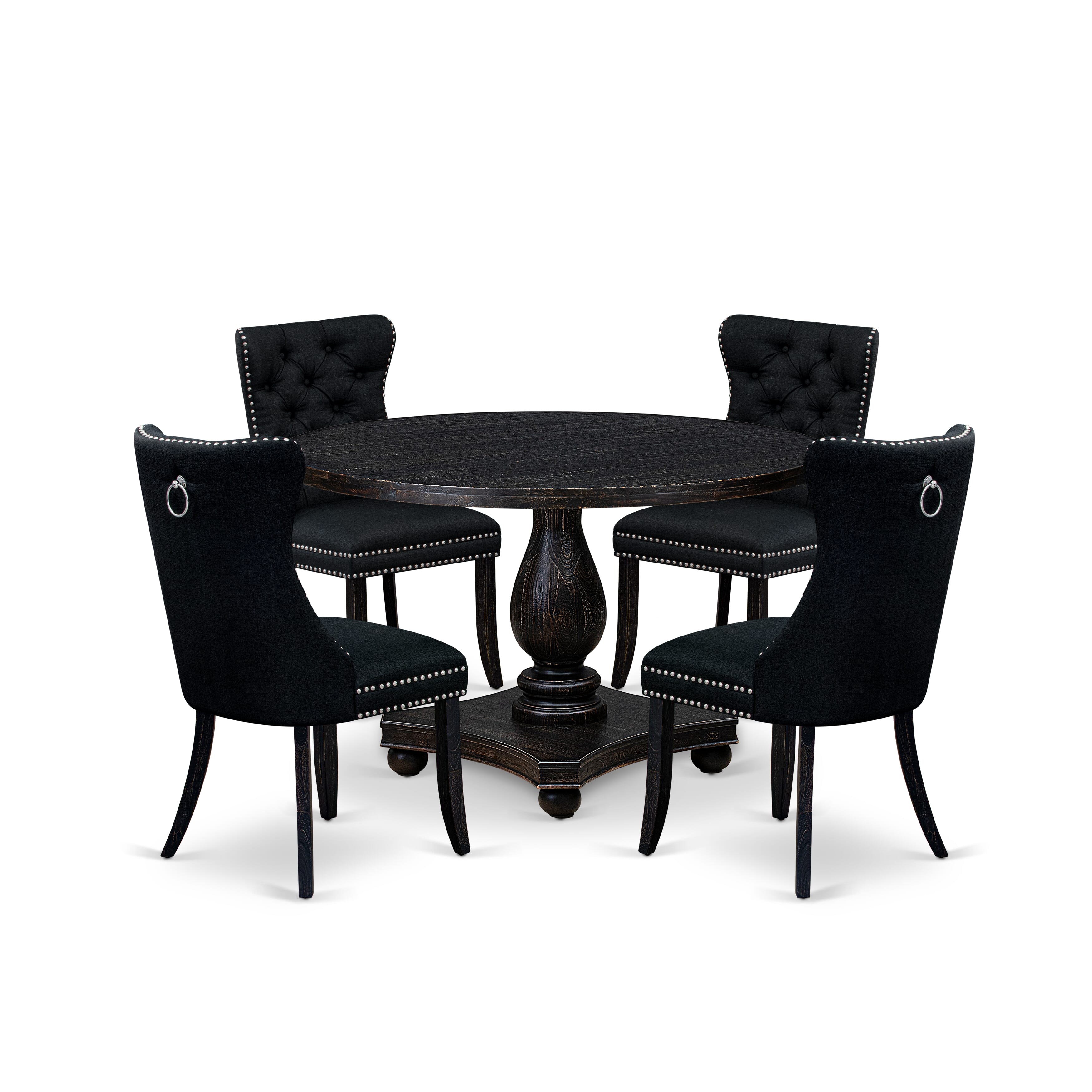 Luxe by East West Furniture I2DA5-411-24 5 Piece Dining Room Set for 4 Contains a 48" Round Table with Pedestal and 4 Black Linen Fabric Parson Chairs, Sand Blasted Black