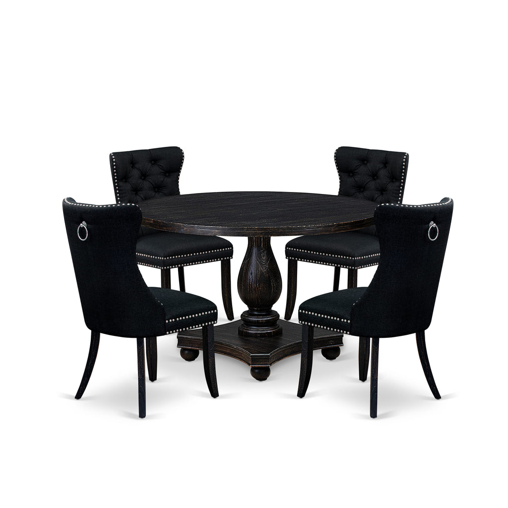 Luxe by East West Furniture I2DA5-411-24 5 Piece Dining Room Set for 4 Contains a 48" Round Table with Pedestal and 4 Black Linen Fabric Parson Chairs, Sand Blasted Black