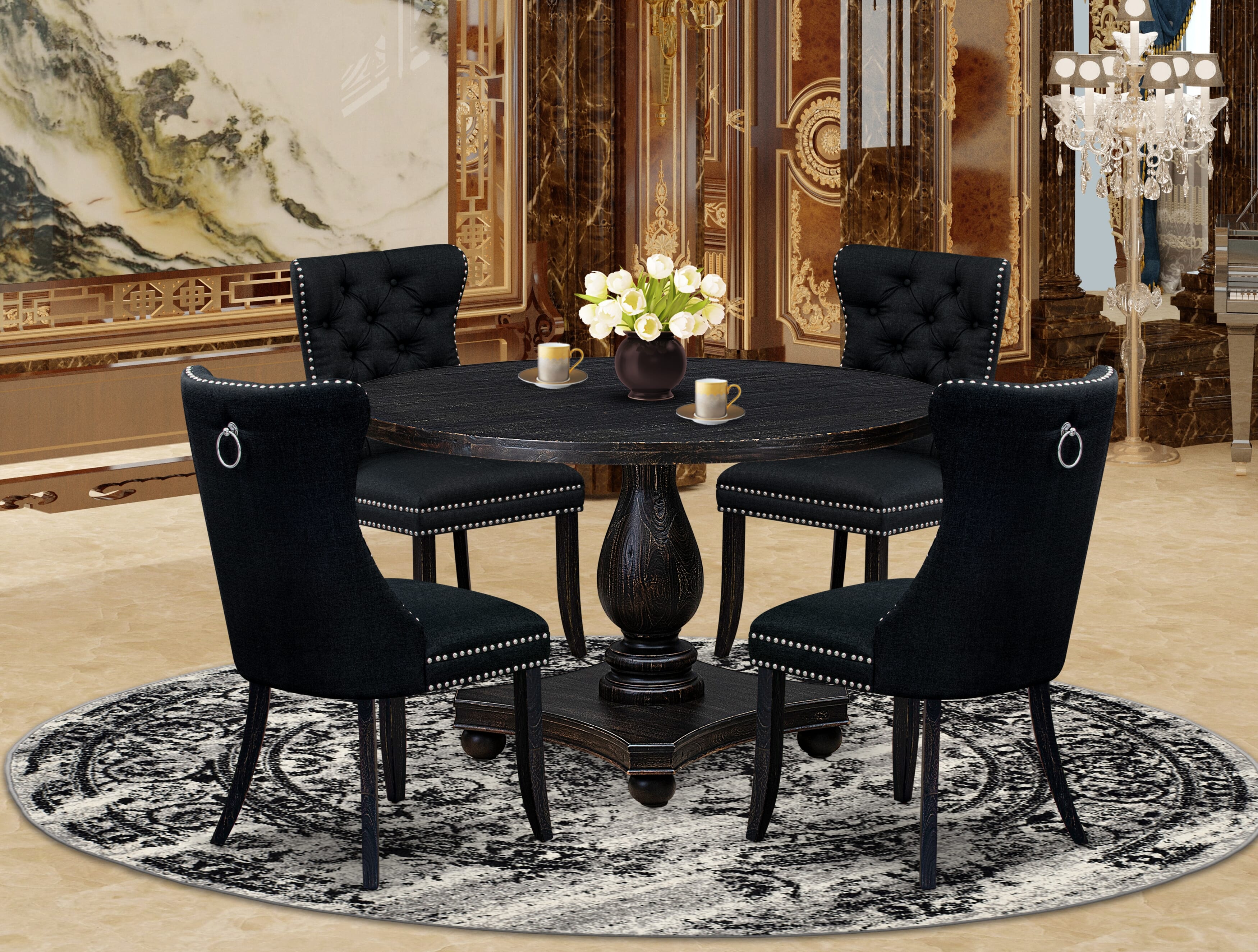 Luxe by East West Furniture I2DA5-411-24 5 Piece Dining Room Set for 4 Contains a 48" Round Table with Pedestal and 4 Black Linen Fabric Parson Chairs, Sand Blasted Black