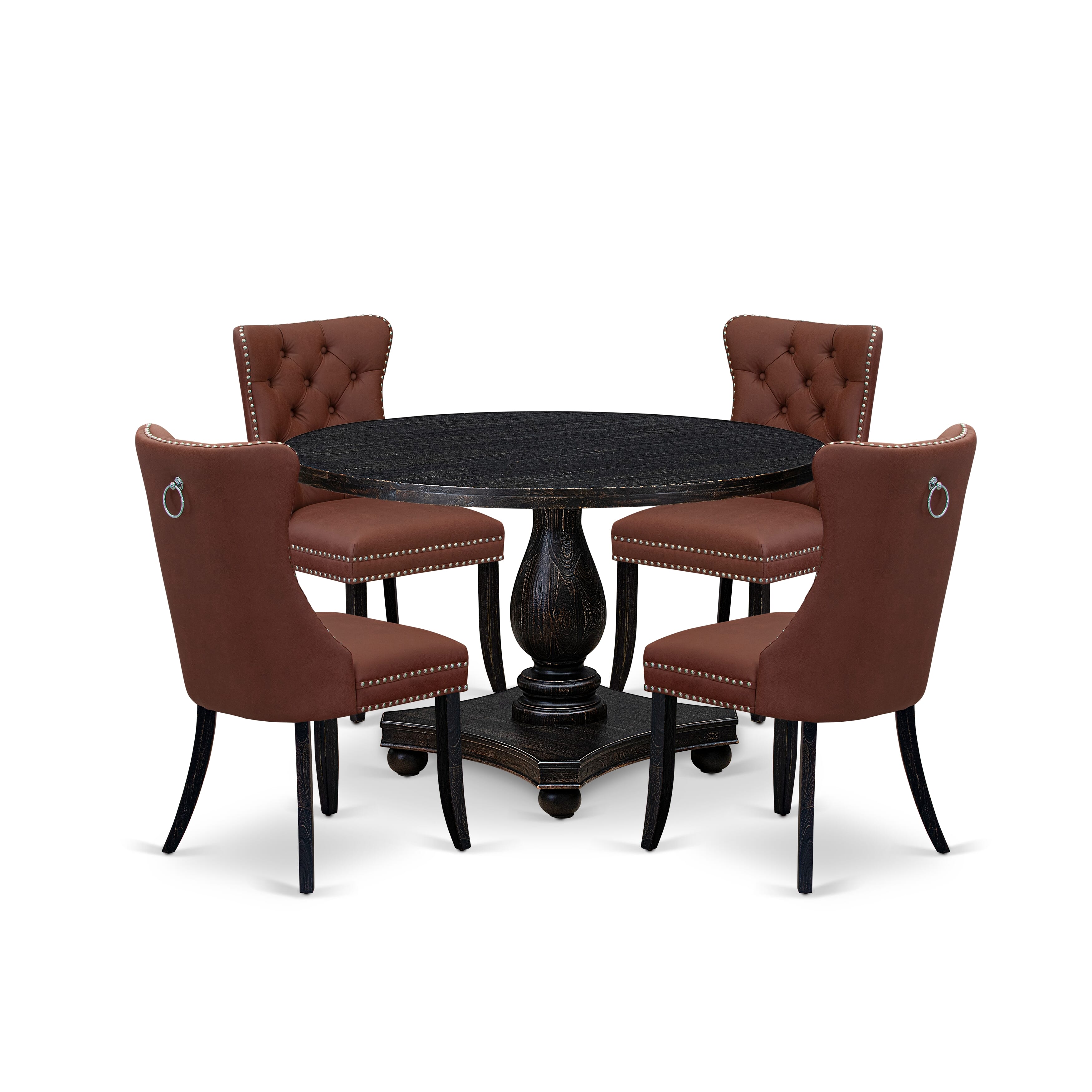 Luxe by East West Furniture I2DA5-411-26 5 Piece Dining Table Set Includes a 48" Round Table with Pedestal and 4 Burgandy Faux Leather Upholstered Chairs, Sand Blasted Black
