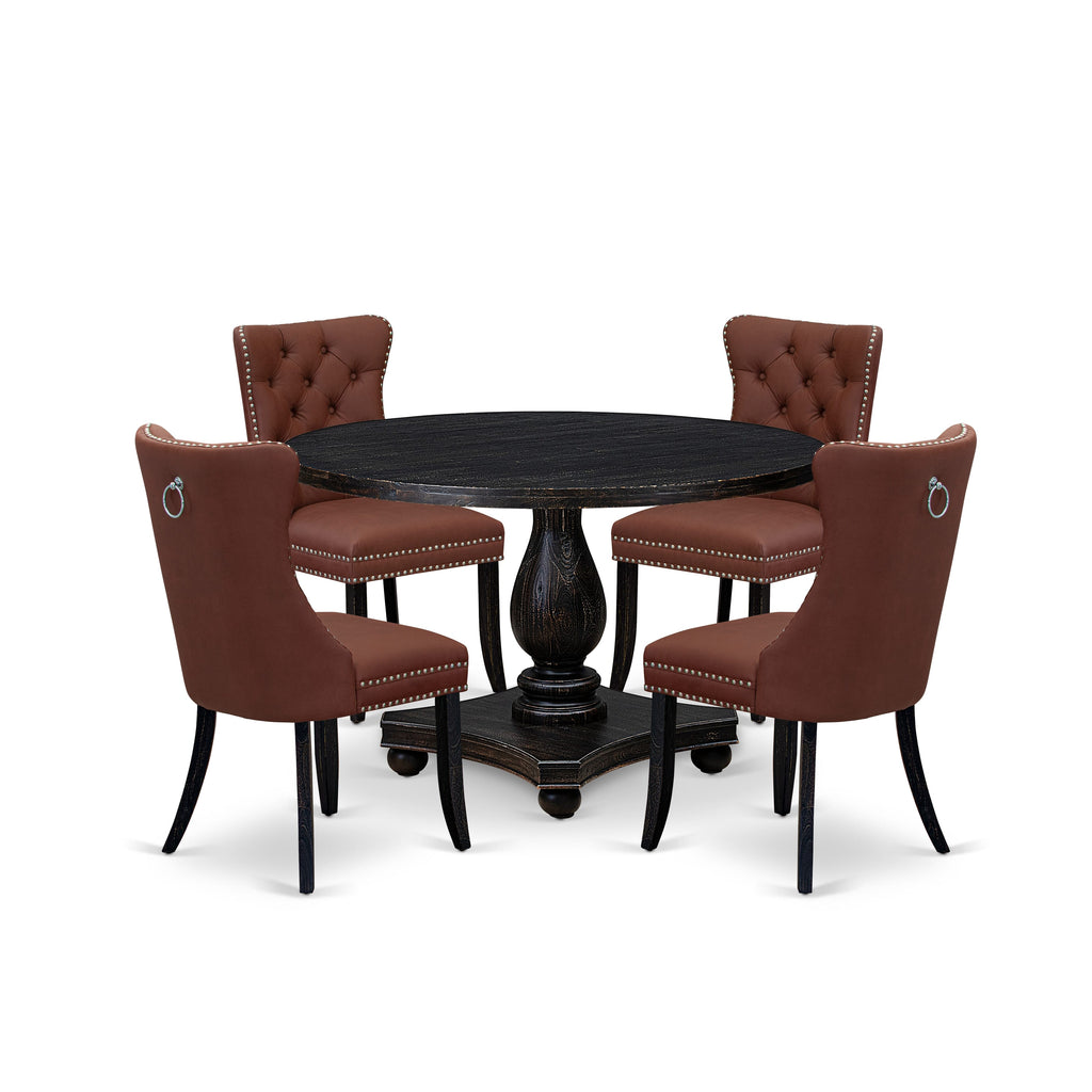 Luxe by East West Furniture I2DA5-411-26 5 Piece Dining Table Set Includes a 48" Round Table with Pedestal and 4 Burgandy Faux Leather Upholstered Chairs, Sand Blasted Black