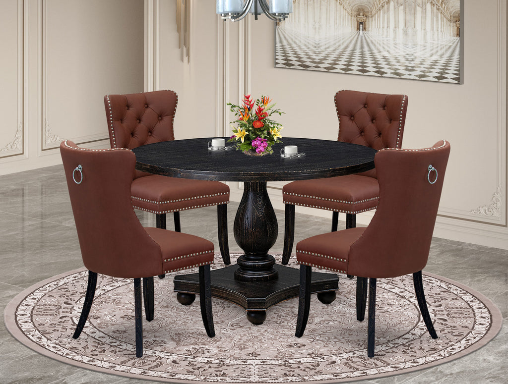 Luxe by East West Furniture I2DA5-411-26 5 Piece Dining Table Set Includes a 48" Round Table with Pedestal and 4 Burgandy Faux Leather Upholstered Chairs, Sand Blasted Black