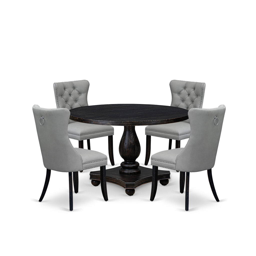 Luxe by East West Furniture I2DA5-411-27 5 Piece Dining Table Set Includes a 48" Round Table with Pedestal and 4 Light Gray Faux Leather Parson Chairs, Sand Blasted Black
