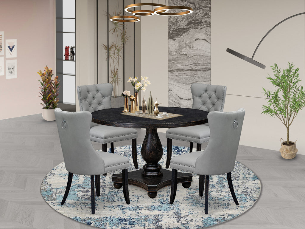 Luxe by East West Furniture I2DA5-411-27 5 Piece Dining Table Set Includes a 48" Round Table with Pedestal and 4 Light Gray Faux Leather Parson Chairs, Sand Blasted Black