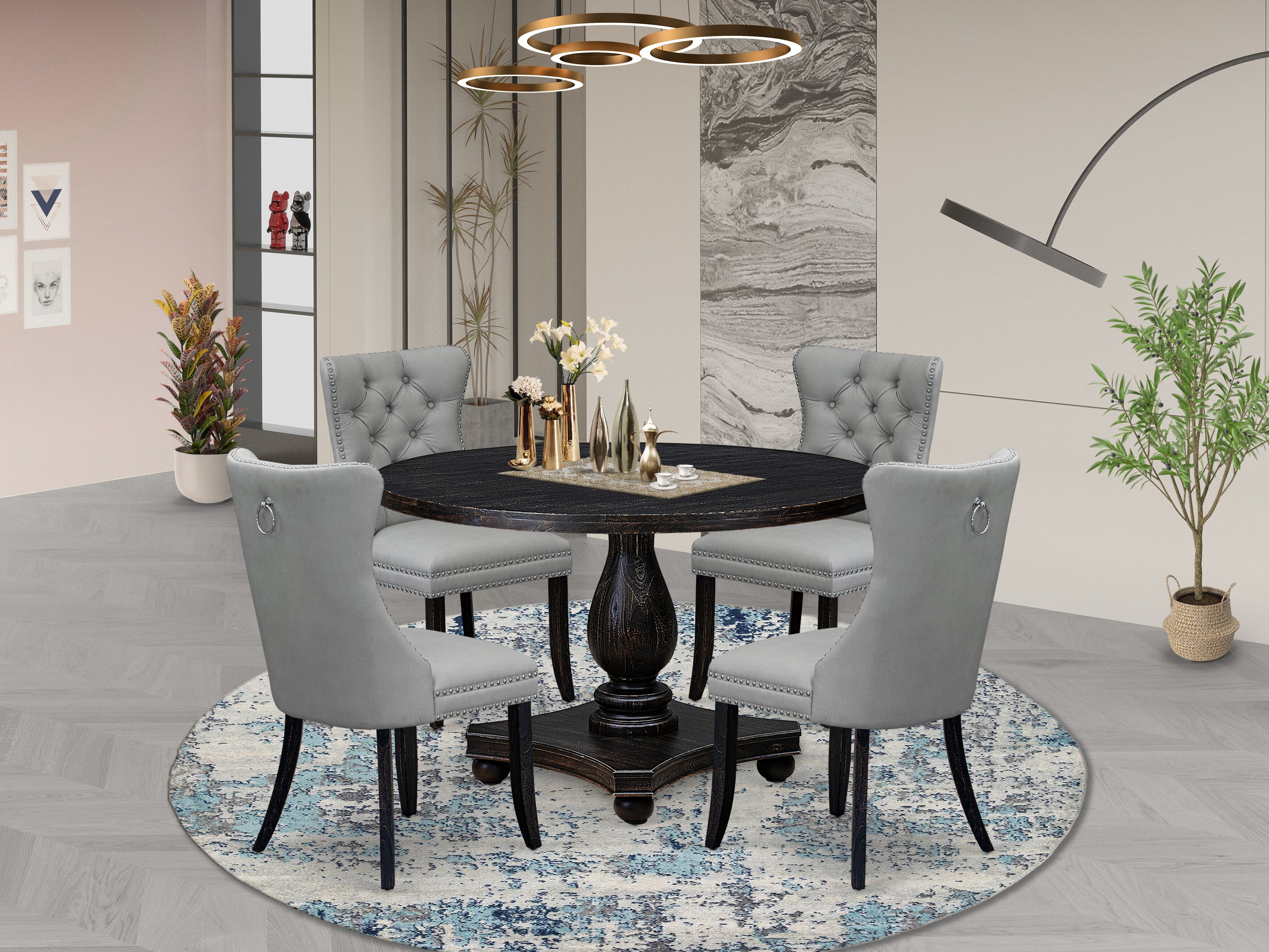 Luxe by East West Furniture I2DA5-411-27 5 Piece Dining Table Set Includes a 48" Round Table with Pedestal and 4 Light Gray Faux Leather Parson Chairs, Sand Blasted Black