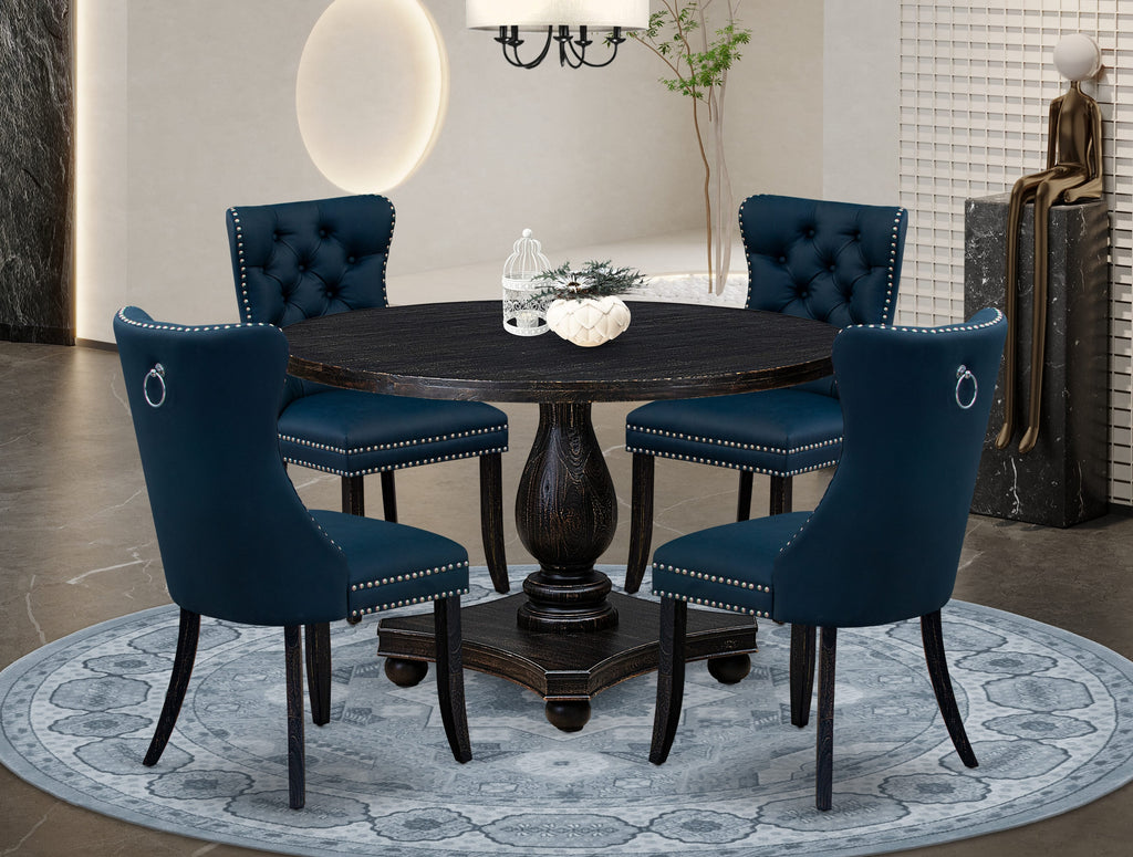 Luxe by East West Furniture I2DA5-411-29 5 Piece Dining Table Set Includes a 48" Round Table with Pedestal and 4 Navy Blue Faux Leather Upholstered Chairs, Sand Blasted Black