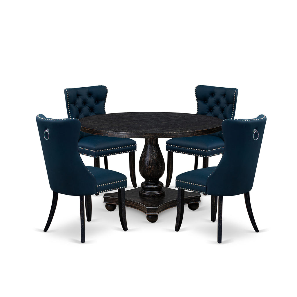 Luxe by East West Furniture I2DA5-411-29 5 Piece Dining Table Set Includes a 48" Round Table with Pedestal and 4 Navy Blue Faux Leather Upholstered Chairs, Sand Blasted Black