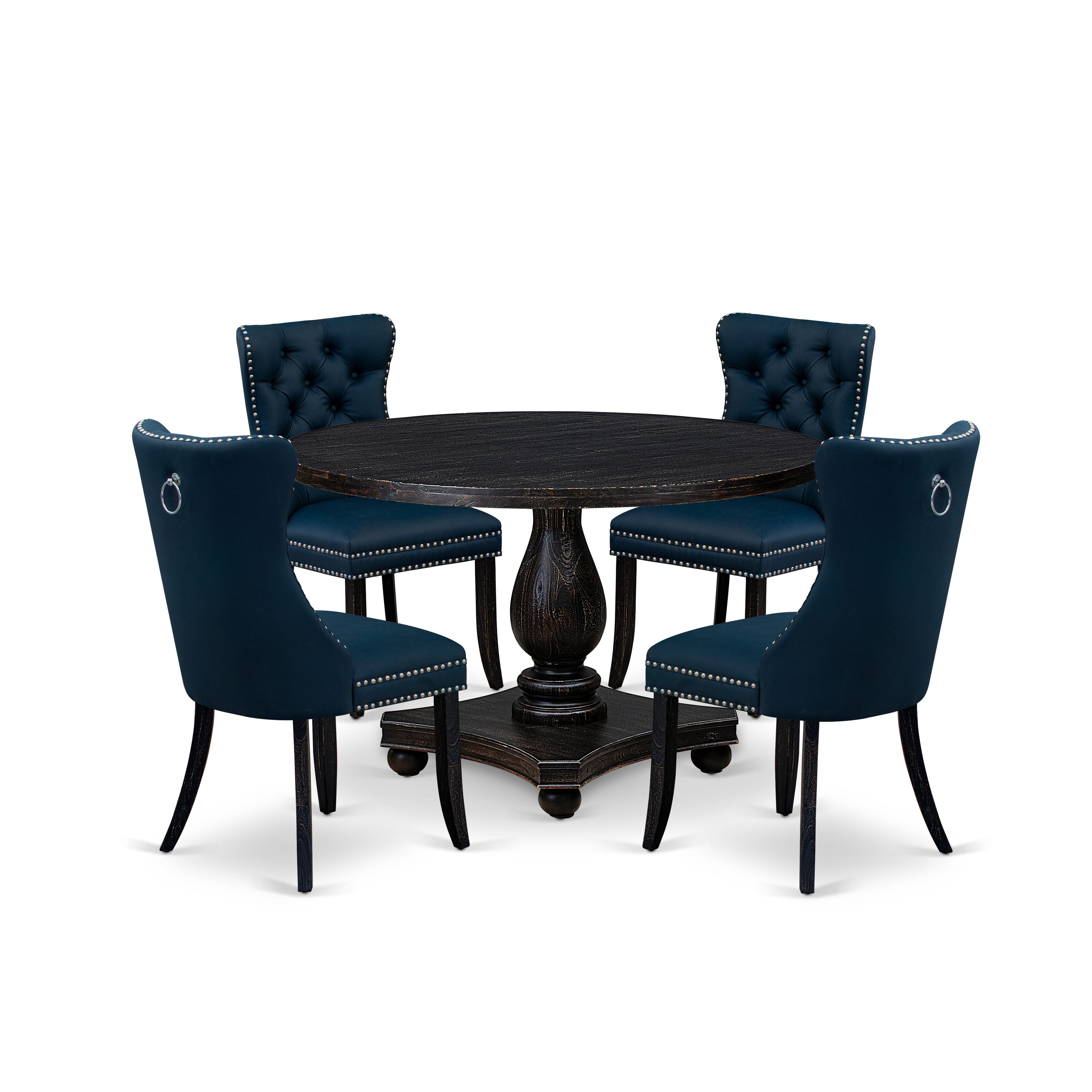 Luxe by East West Furniture I2DA5-411-29 5 Piece Dining Table Set Includes a 48" Round Table with Pedestal and 4 Navy Blue Faux Leather Upholstered Chairs, Sand Blasted Black