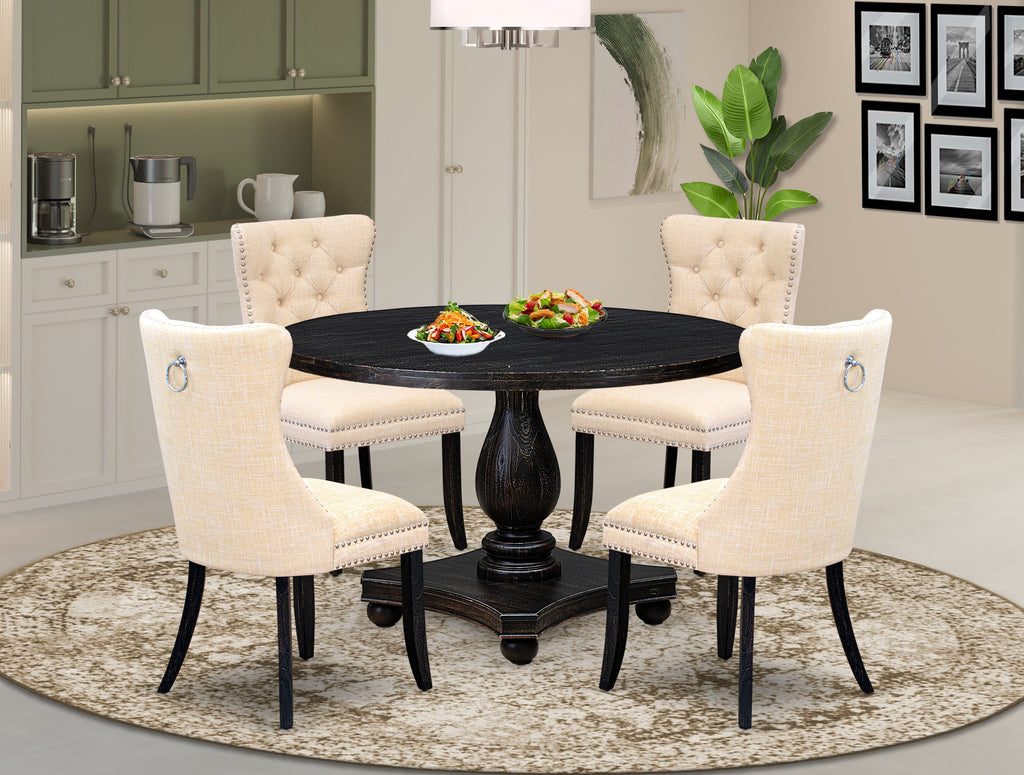 Luxe by East West Furniture I2DA5-411-32 5-piece Dining Set consists of a wood table and 4 Light Beige Linen Fabric dinner chairs with Button Tufted Back - Sand Blasted Black