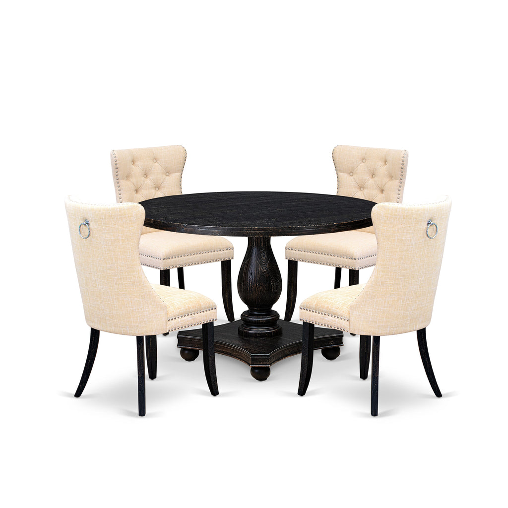 Luxe by East West Furniture I2DA5-411-32 5-piece Dining Set consists of a wood table and 4 Light Beige Linen Fabric dinner chairs with Button Tufted Back - Sand Blasted Black