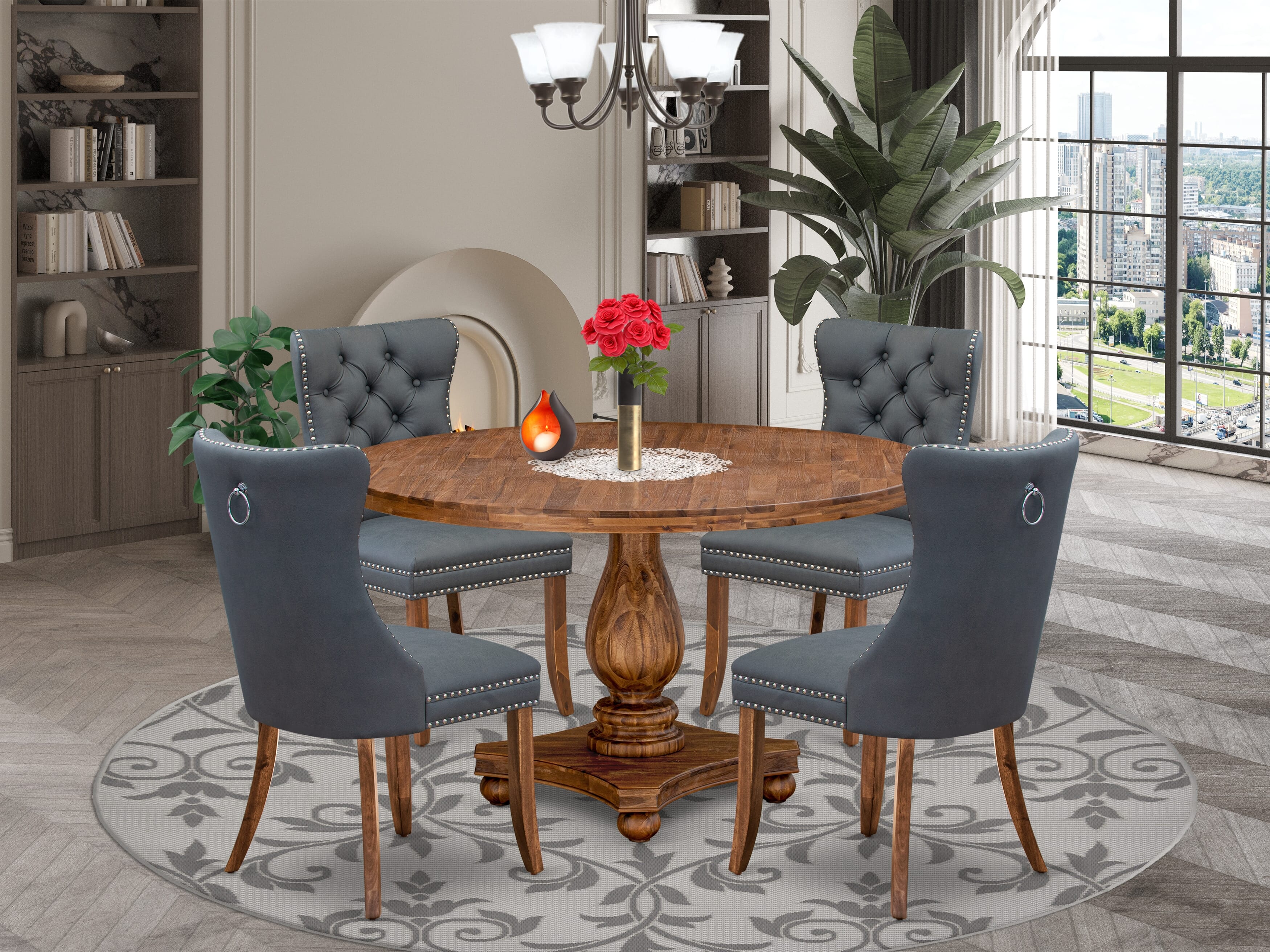 Luxe by East West Furniture I2DA5-50N-13 5-piece Dining table set consists of a Kitchen Table and 4 Platinum Gray Faux Leather Modern Dining Chairs with Button Tufted Back - Antique Walnut Finish