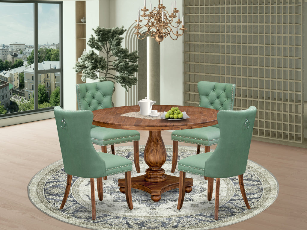 Luxe by East West Furniture I2DA5-50N-22 5-Pc Dining Set Consist a Modern Kitchen Table and 4 Willow Green Faux Leather Padded Chairs with Button-Tufted Back, Antique Walnut