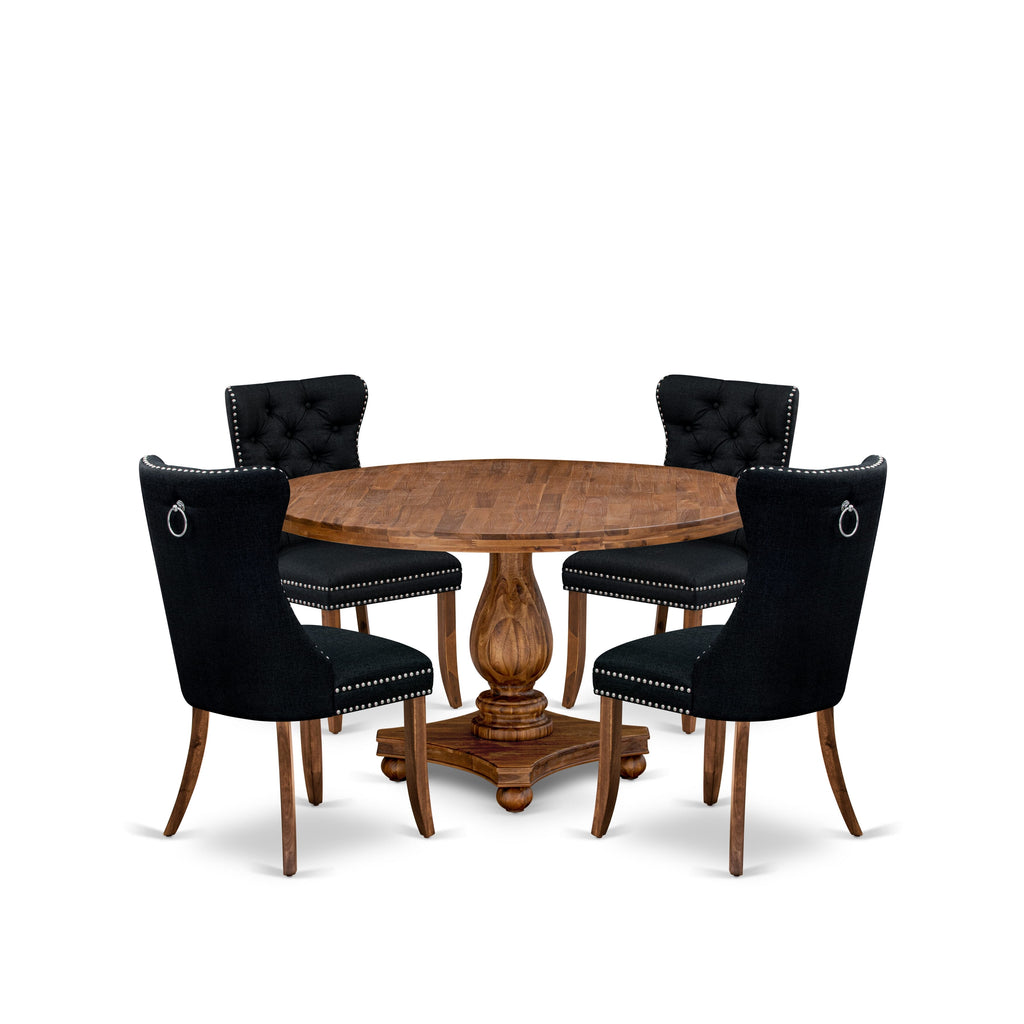 Luxe by East West Furniture I2DA5-50N-24 5-Piece Modern Dining Table Set with Linen Fabric 4 Black upholstered chairs, Button-Tufted Backs, and a 54"Round Table in Antique Walnut Finish.