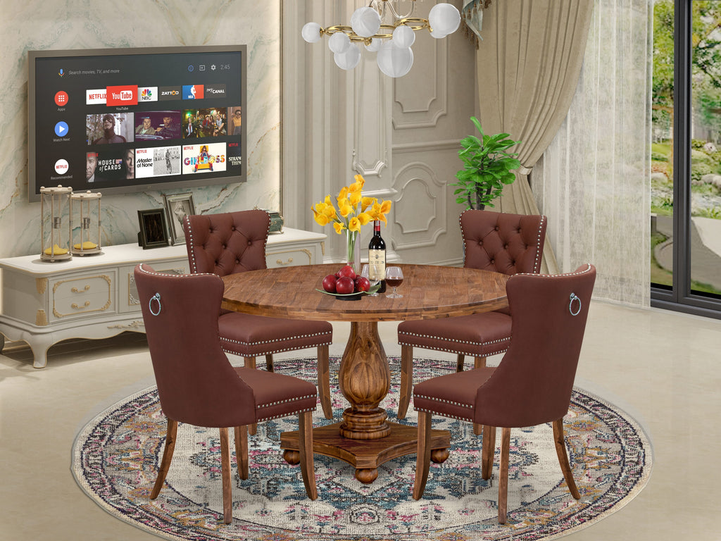 Luxe by East West Furniture I2DA5-50N-26 5-Pc Dining Table Set Consist a Kitchen Table and 4 Burgundy Faux Leather Upholstered Chairs with Button-Tufted Back, Antique Walnut