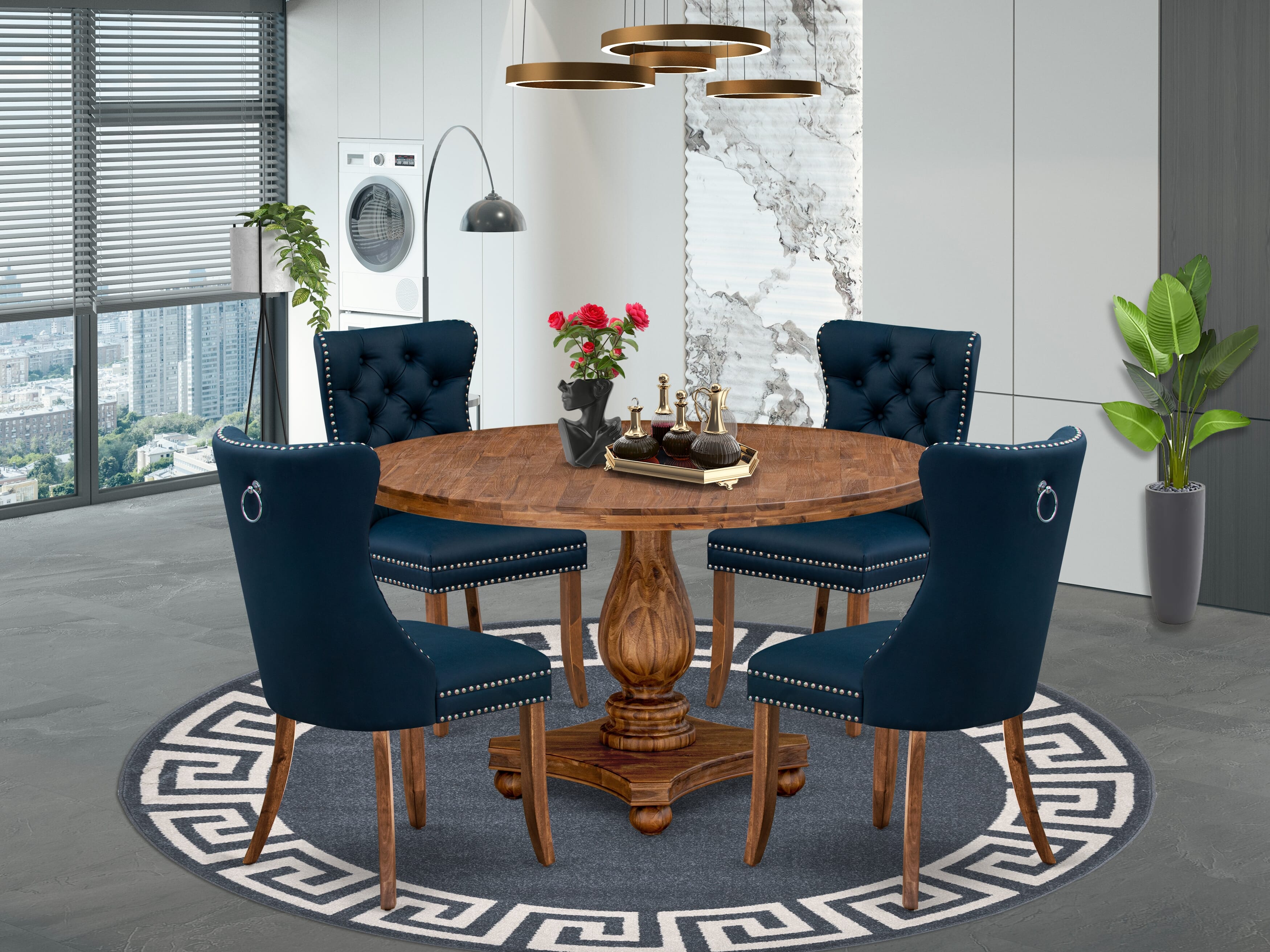 Luxe by East West Furniture I2DA5-50N-29 5-Piece mid-century kitchen set with Faux Leather 4 Navy Blue kitchen chairs, Button-Tufted Backs, and a 54"Round Table in Antique Walnut Finish.