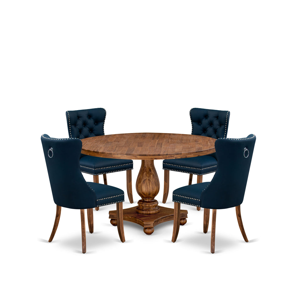 Luxe by East West Furniture I2DA5-50N-29 5-Piece mid-century kitchen set with Faux Leather 4 Navy Blue kitchen chairs, Button-Tufted Backs, and a 54"Round Table in Antique Walnut Finish.