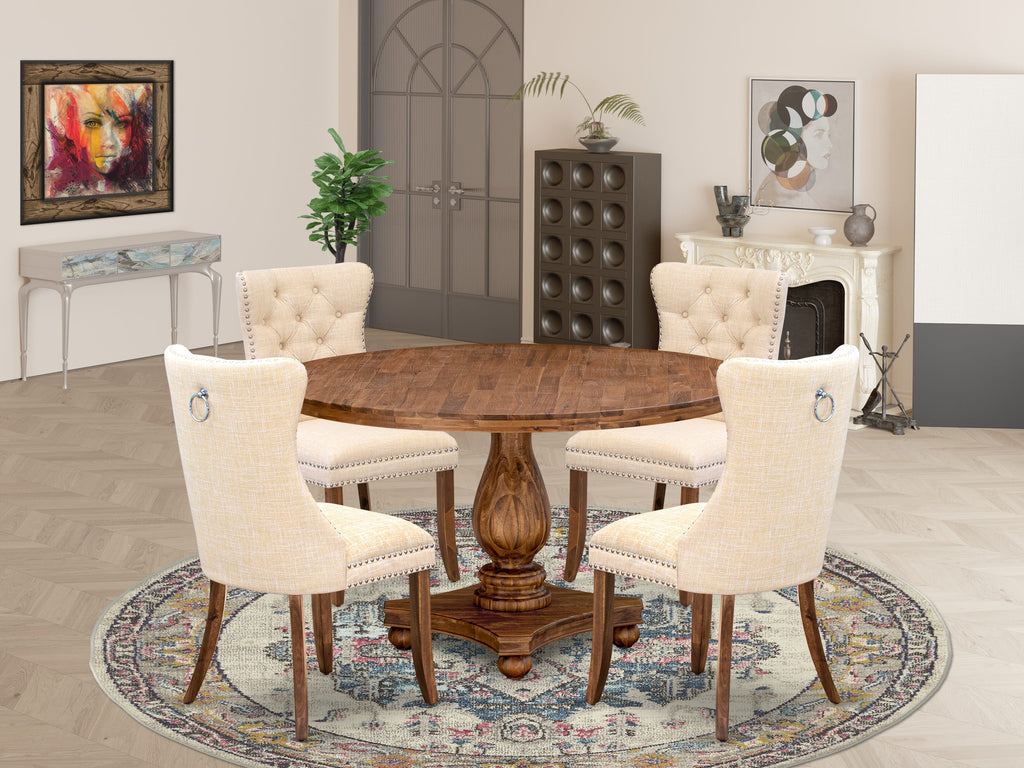 Luxe by East West Furniture I2DA5-50N-32 5-Piece Kitchen Table Set with Linen Fabric 4 Light Beige dining room chairs, Button-Tufted Backs, and a 54"Round Table in Antique Walnut Finish.