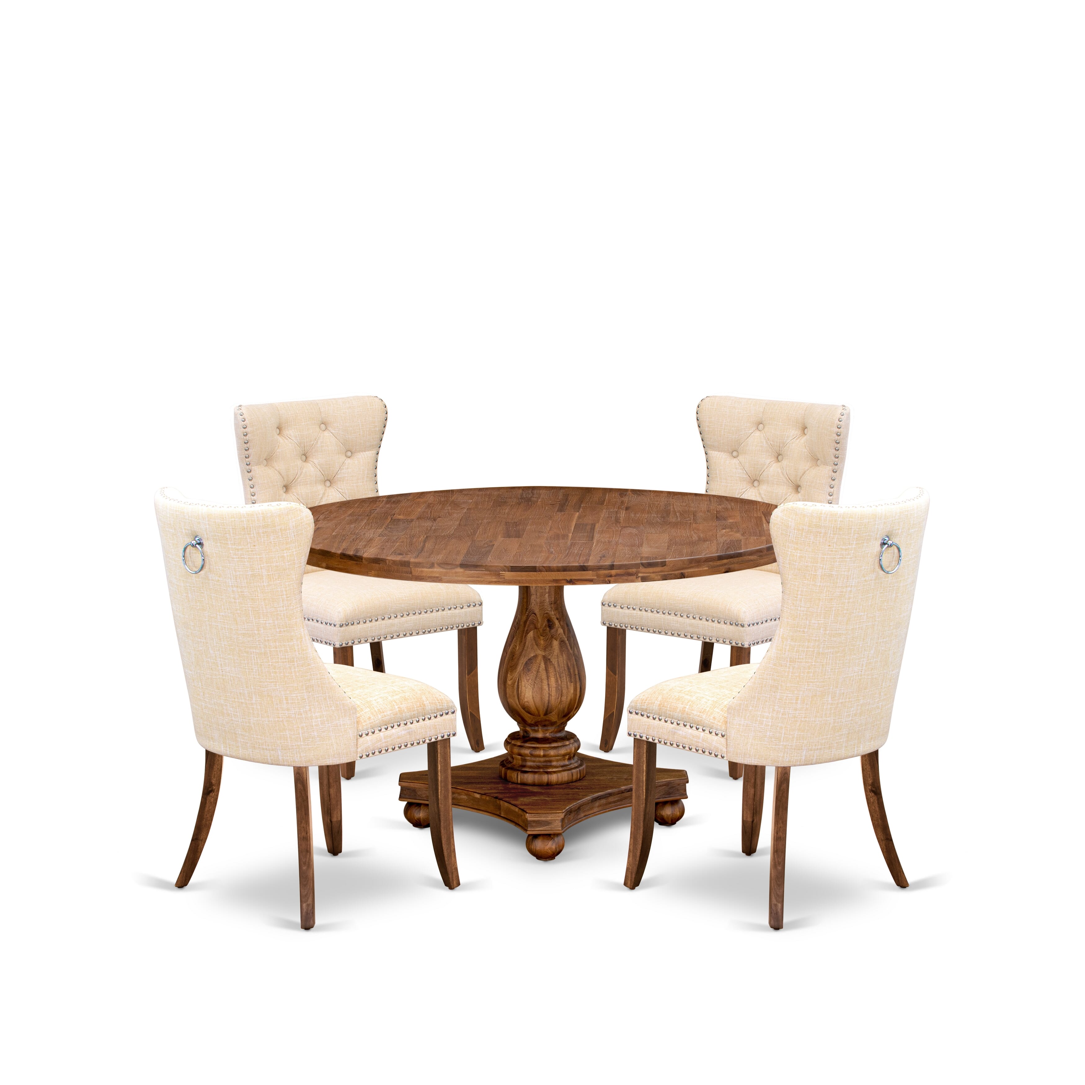 Luxe by East West Furniture I2DA5-50N-32 5-Piece Kitchen Table Set with Linen Fabric 4 Light Beige dining room chairs, Button-Tufted Backs, and a 54"Round Table in Antique Walnut Finish.
