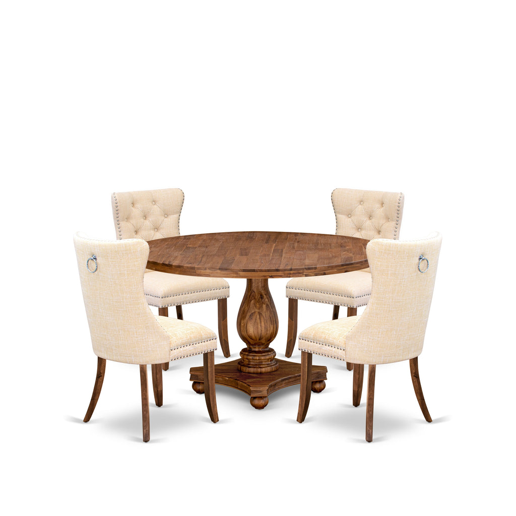 Luxe by East West Furniture I2DA5-50N-32 5-Piece Kitchen Table Set with Linen Fabric 4 Light Beige dining room chairs, Button-Tufted Backs, and a 54"Round Table in Antique Walnut Finish.