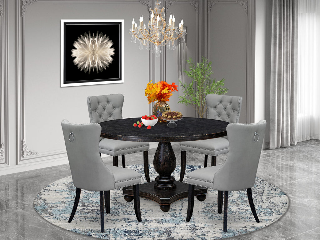 Luxe by East West Furniture I2DA5-511-27 5 Piece Dining Table Set Consists of a 54" Round Table with Pedestal and 4 Light Gray Faux Leather Parson Chairs, Sand Blasted Black