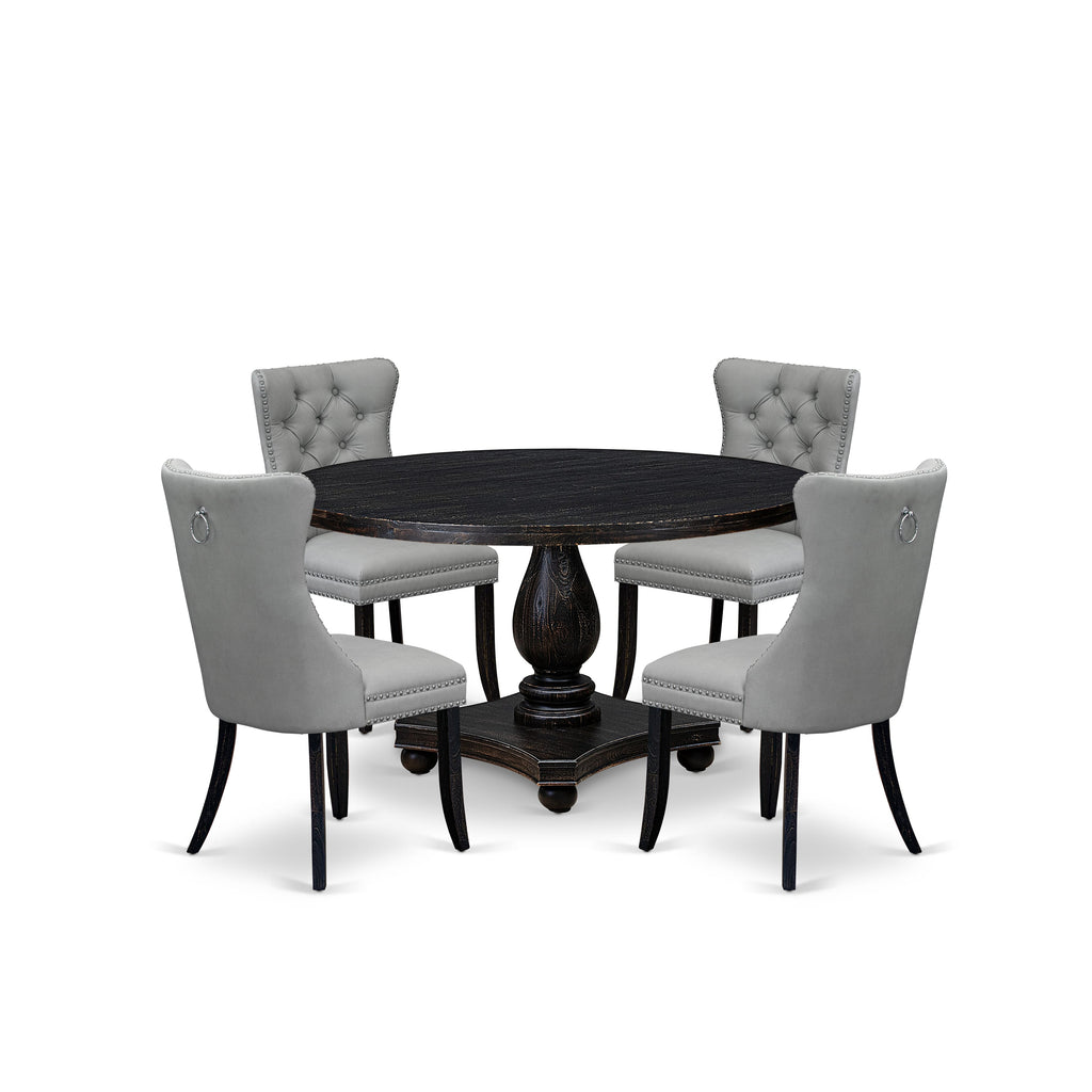 Luxe by East West Furniture I2DA5-511-27 5 Piece Dining Table Set Consists of a 54" Round Table with Pedestal and 4 Light Gray Faux Leather Parson Chairs, Sand Blasted Black