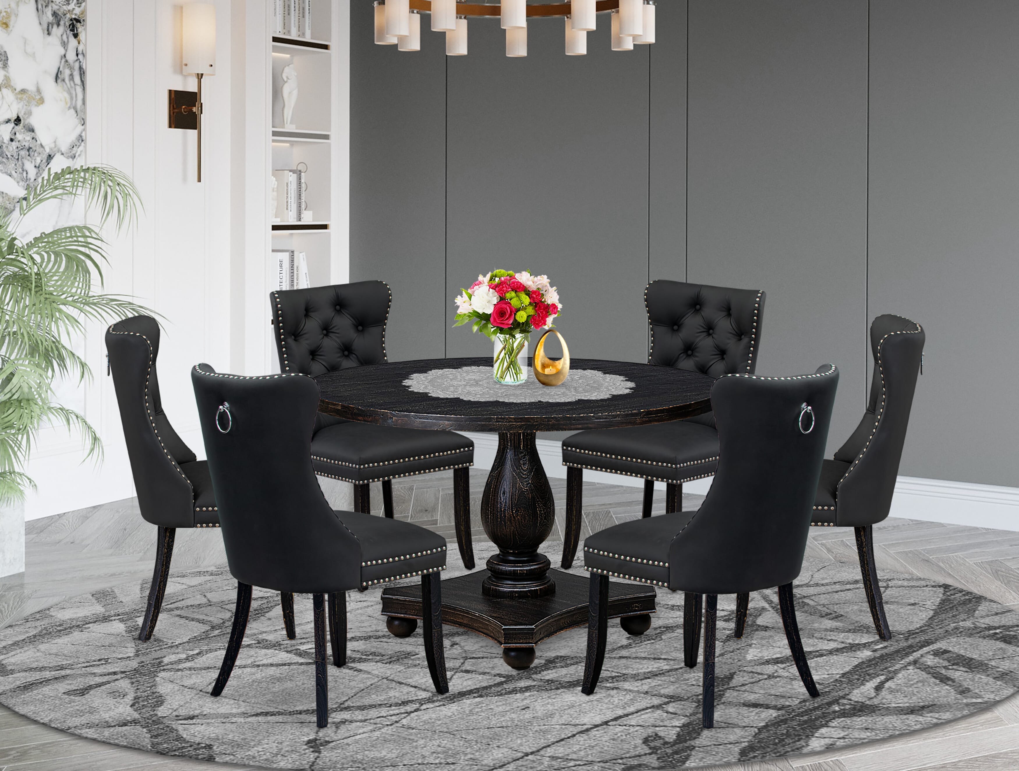 Luxe by East West Furniture I2DA7-411-12 7-Piece Dining Room Set with Faux Leather 6 Dark Gray dining room chairs, Button-Tufted Backs, and a 48"Round Kitchen Table in Sand Blasted Black Finish.