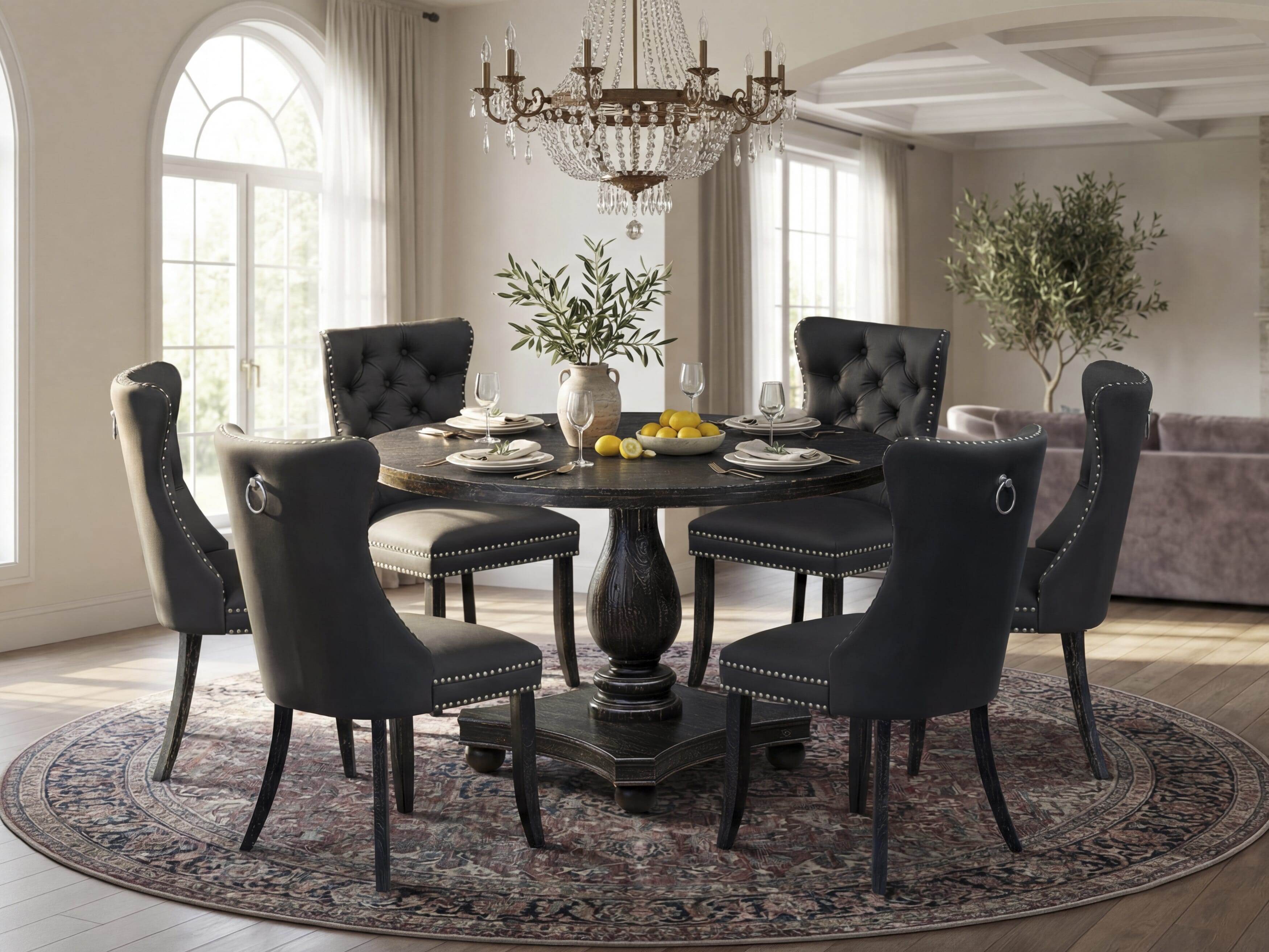 Luxe by East West Furniture I2DA7-411-12 7-Piece Dining Room Set with Faux Leather 6 Dark Gray dining room chairs, Button-Tufted Backs, and a 48"Round Kitchen Table in Sand Blasted Black Finish.