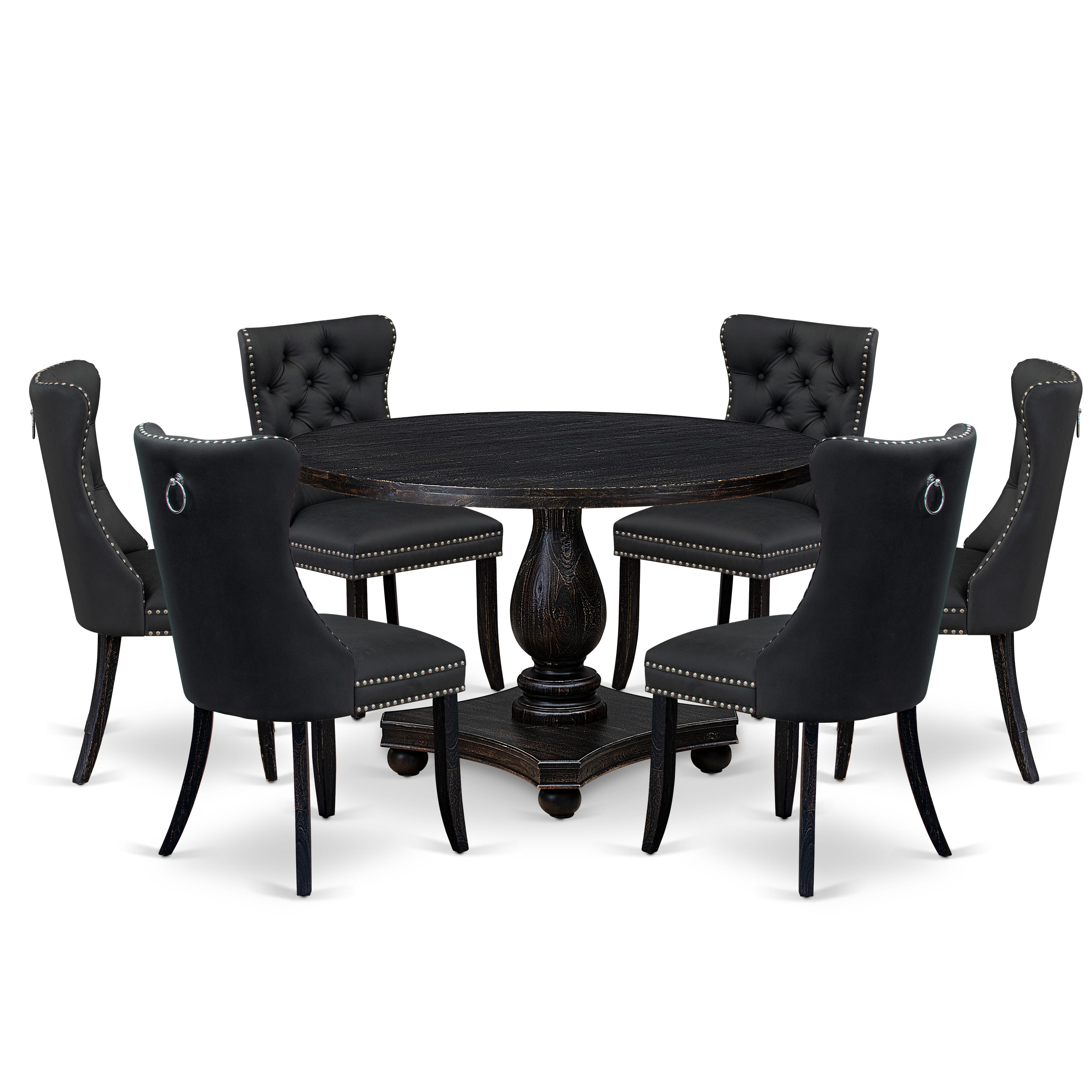 Luxe by East West Furniture I2DA7-411-12 7-Piece Dining Room Set with Faux Leather 6 Dark Gray dining room chairs, Button-Tufted Backs, and a 48"Round Kitchen Table in Sand Blasted Black Finish.