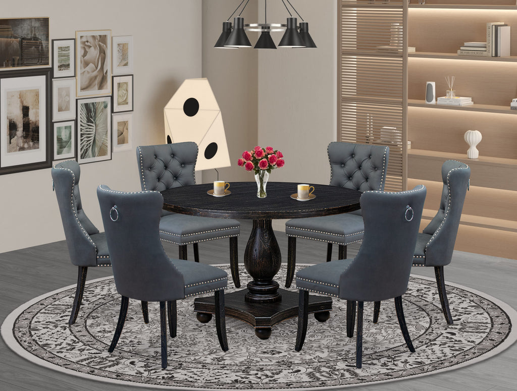 Luxe by East West Furniture I2DA7-411-13 7-piece Kitchen Table Set with Faux Leather 6 Platinum Gray dining chairs, Button-Tufted Backs, and a 48"Round Table in Sand Blasted Black Finish.