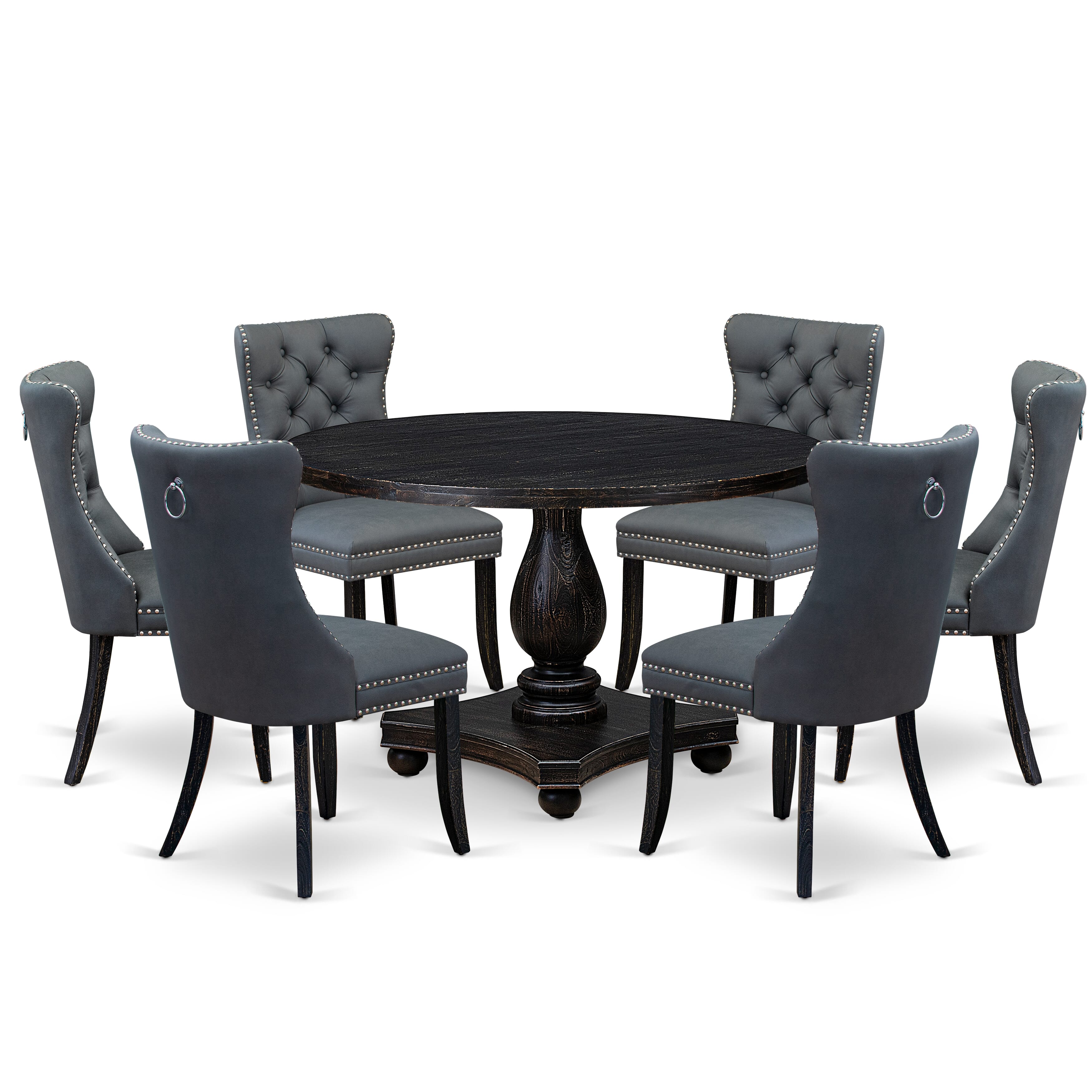 Luxe by East West Furniture I2DA7-411-13 7-piece Kitchen Table Set with Faux Leather 6 Platinum Gray dining chairs, Button-Tufted Backs, and a 48"Round Table in Sand Blasted Black Finish.