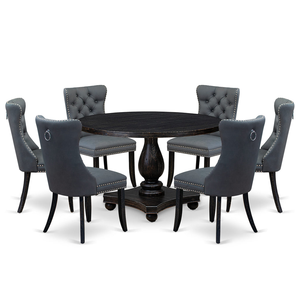 Luxe by East West Furniture I2DA7-411-13 7-piece Kitchen Table Set with Faux Leather 6 Platinum Gray dining chairs, Button-Tufted Backs, and a 48"Round Table in Sand Blasted Black Finish.